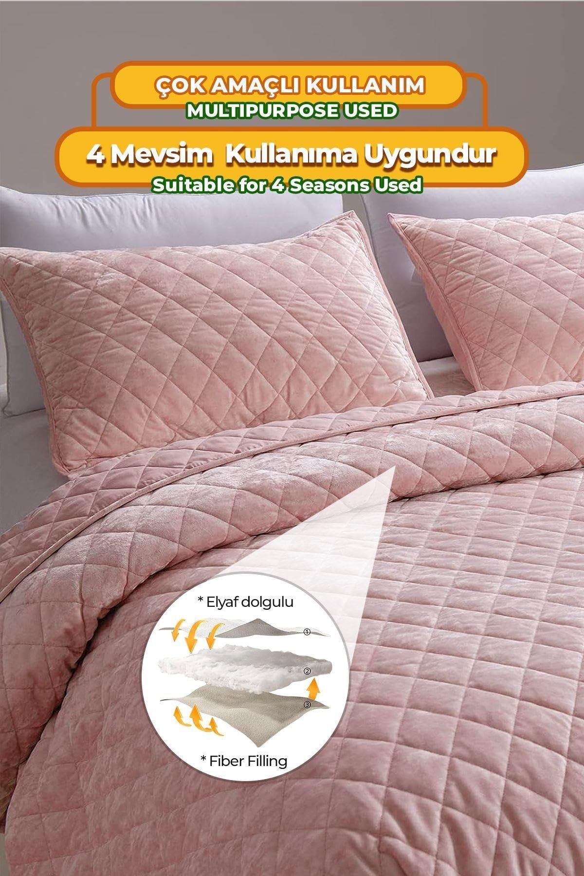 Kapitone Kadife Yatak Örtüsü Seti Tek Kişilik Supersoft 2 Parça Yumuşak Elyaf Dolgulu Çeyizlik Pudra