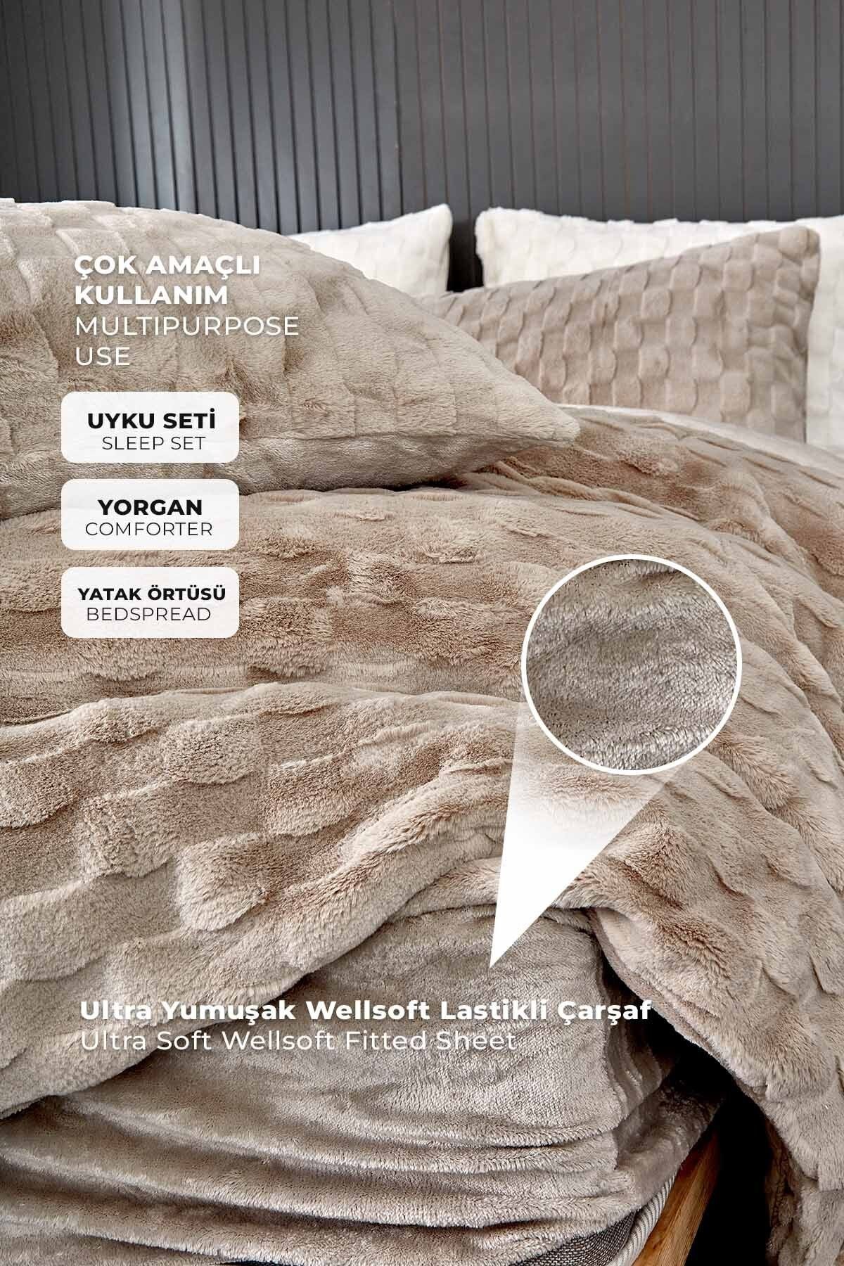 Kürk Yatak Örtüsü Yorgan Uyku Seti Çift Kişilik Çarşaflı Peluş Yumuşak Dolgulu Rody 4 Parça