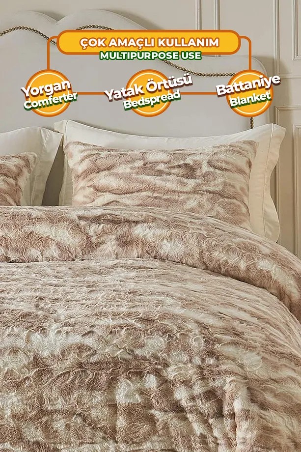 Çift (Taraflı) Kişilik Kürk Yorgan Dolgulu Peluş Yumuşak Wellsoft Yatak Örtüsü 3 Parça Set Mayra