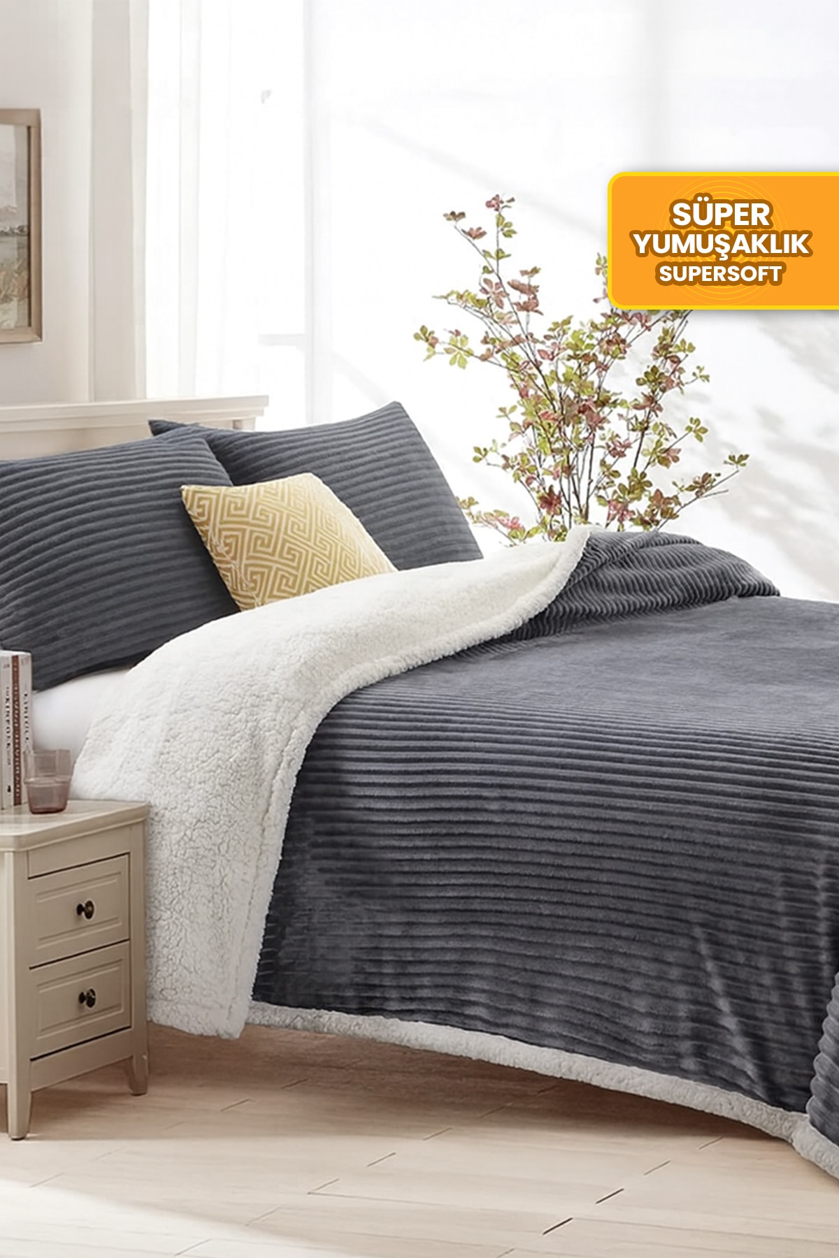 Sherpa Battaniye Seti Çift Kişilik 3 Parça Çizgili Yumuşak Peluş Wellsoft Yatak Örtüsü