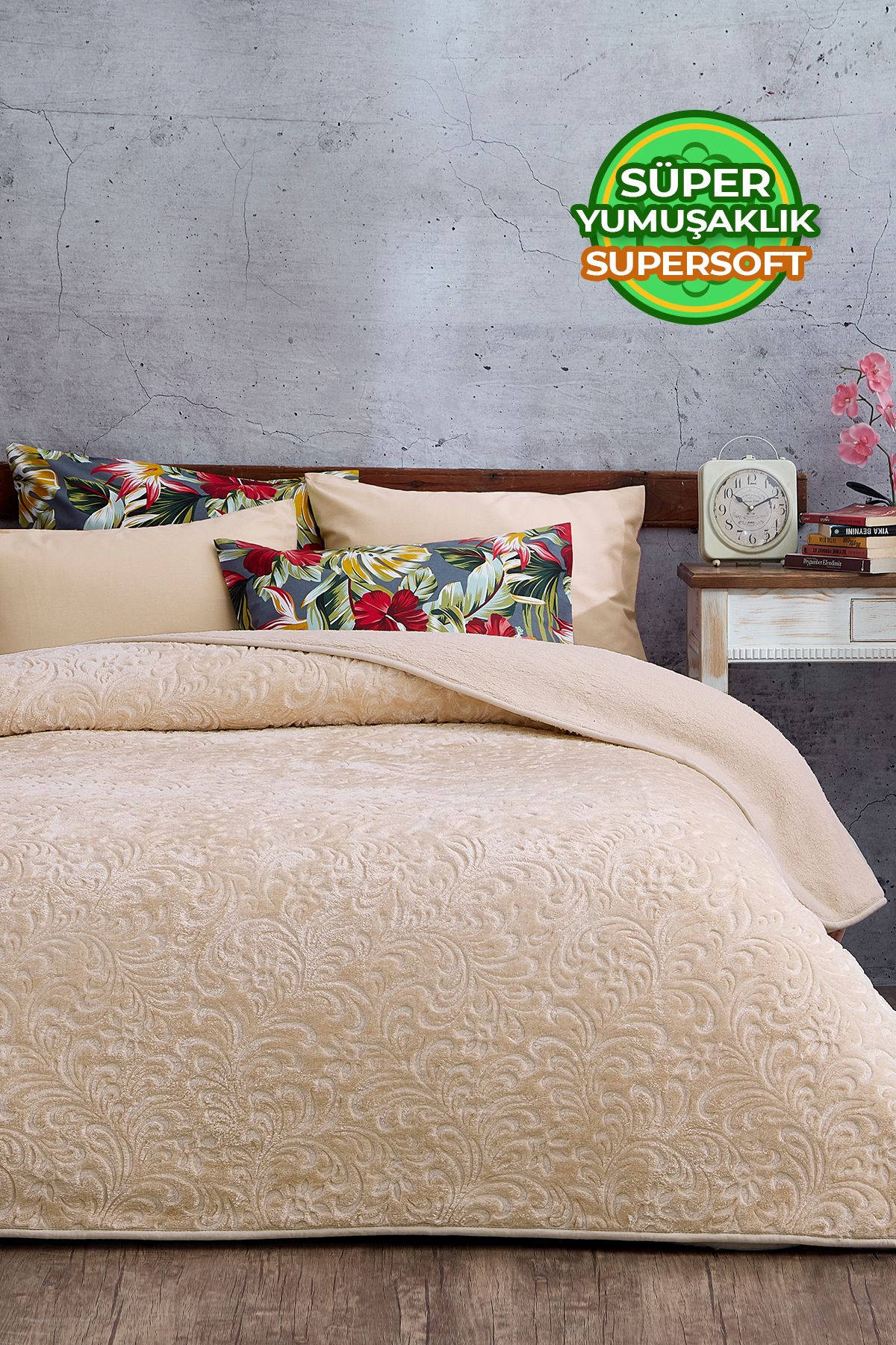 3 Kg Embos Baskılı Pamela Kalın Çift Kişilik Battaniye 230x240 Cm - açık cappuccino