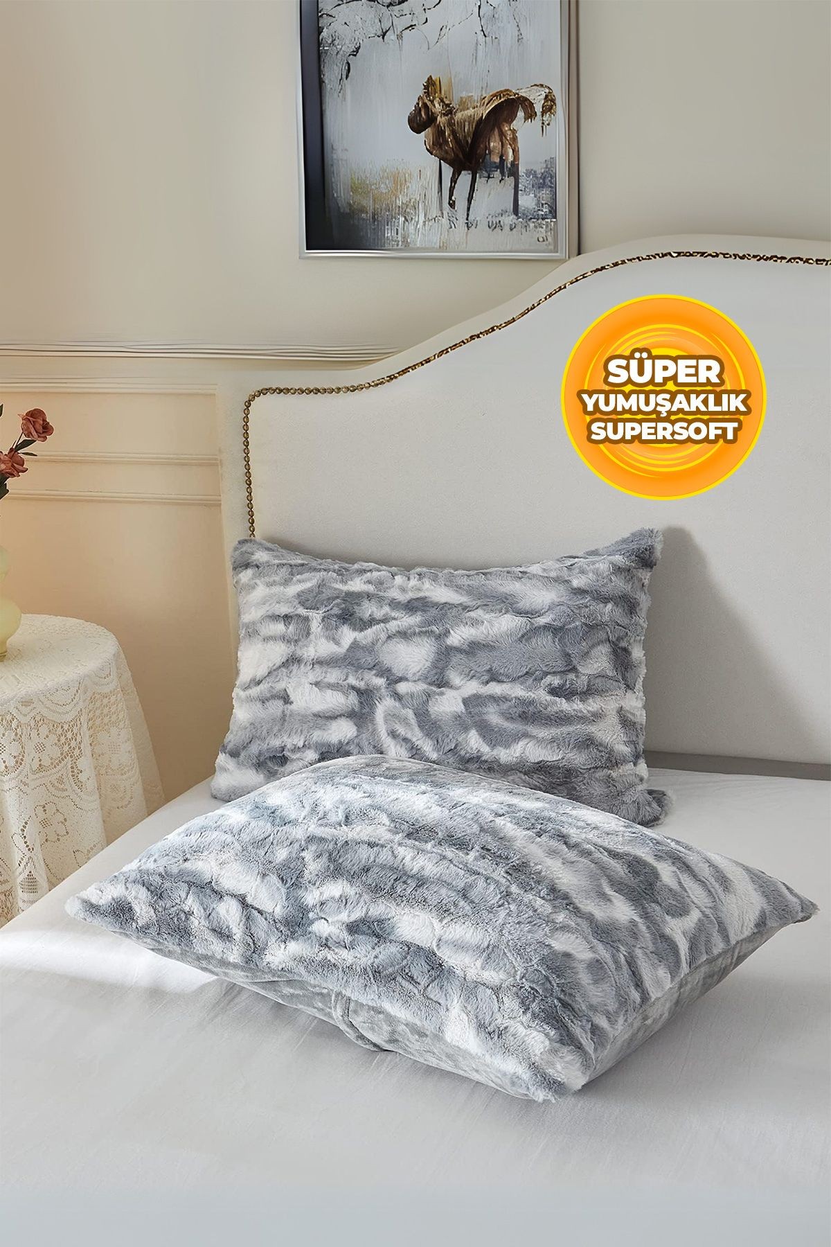 Kürklü Peluş 2'li Yastık Kılıfı 50x70 cm Yumuşak Supersoft Dekoratif Wellsoft - Gri