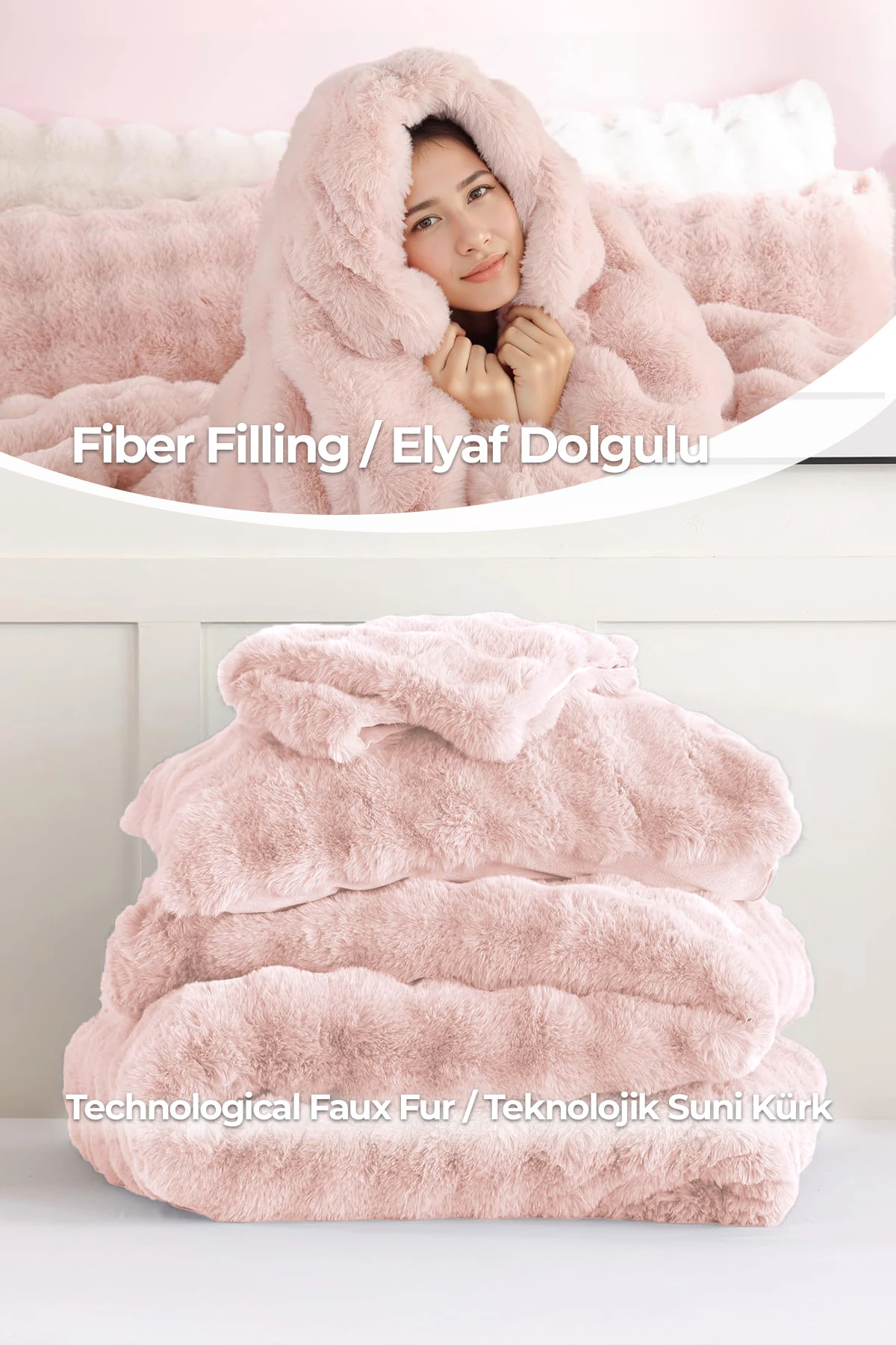 Kürk Yatak Örtüsü Çift Kişilik Dolgulu Peluş Yumuşak Çift Taraflı Yorgan 3 Parça Lory