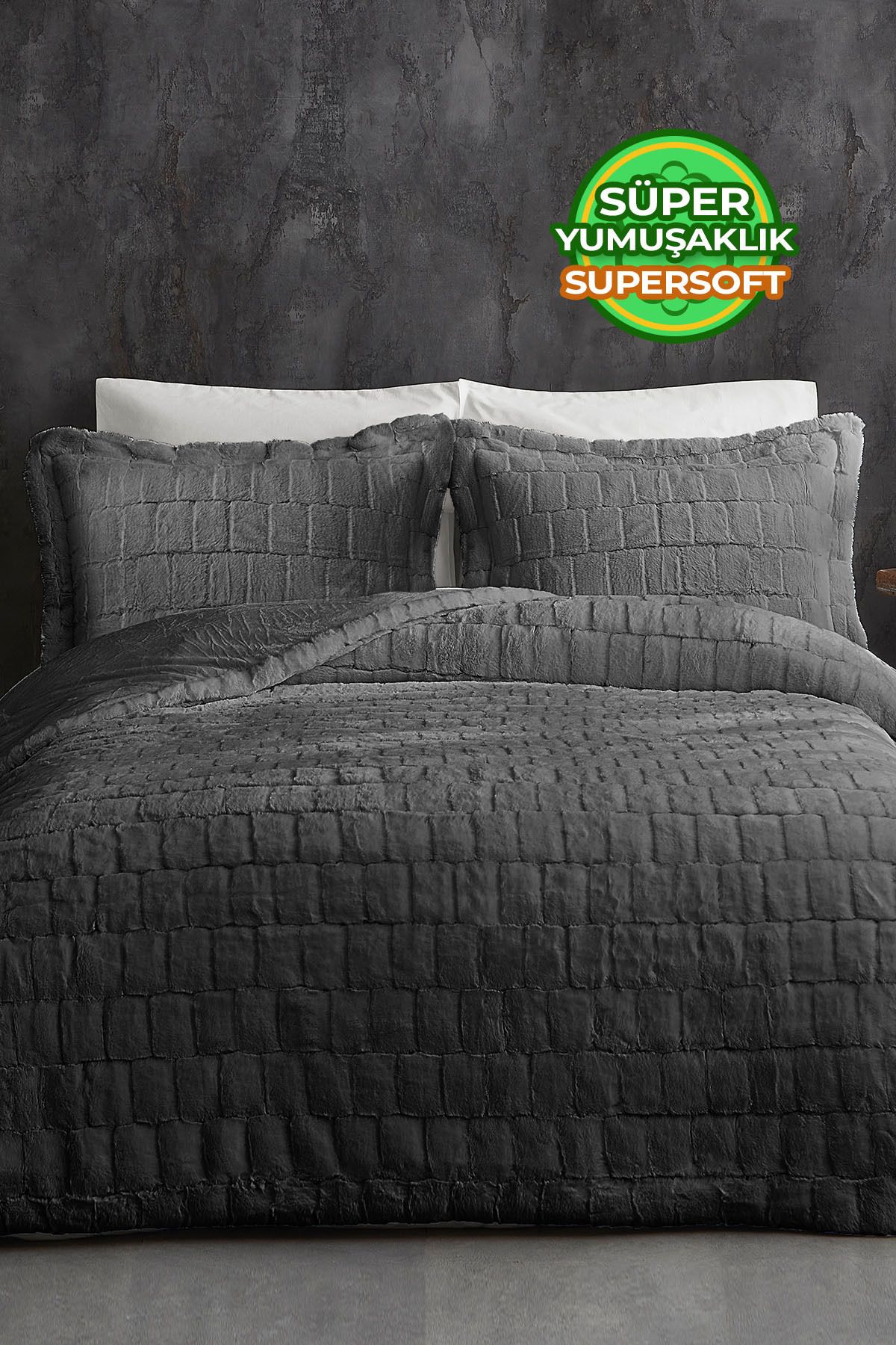 Kürk Yorgan Uyku Seti Çift Kişilik Yumuşak Dolgulu Wellsoft Peluş Benita 3 Parça - Antrasit