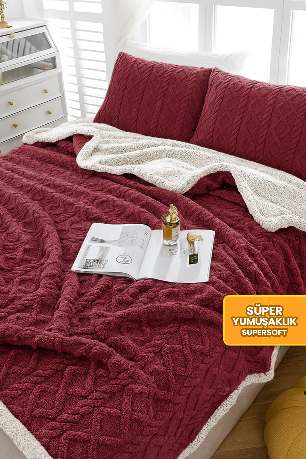 Pufly Jakar Sherpa Battaniye Seti Çift Kişilik 3 Parça Yumuşak Peluş Wellsoft Yatak Örtüsü