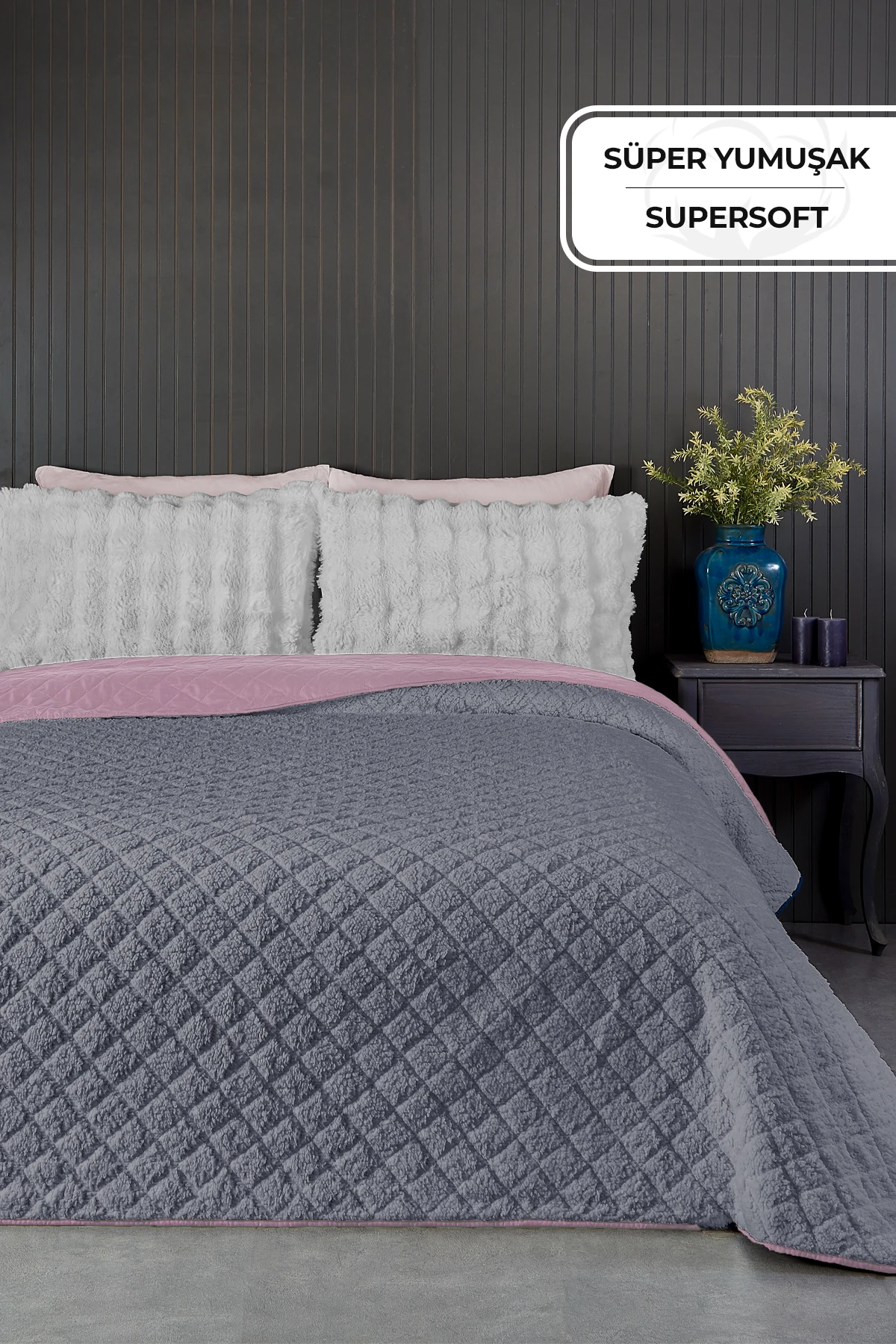 Premium Peluş Çift Kişilik Çok Amaçlı Yatak Örtüsü 200x220 Çift Taraflı Yumuşak Battaniye Pike - Antrasit