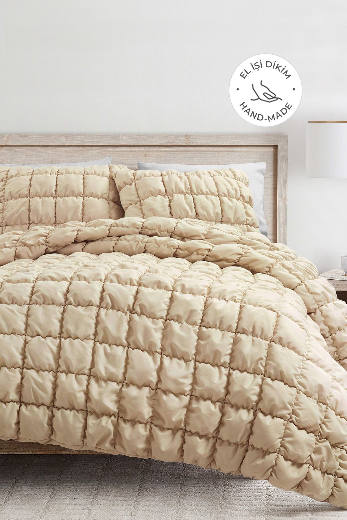 Puff Yatak Örtüsü Seti Çift Kişilik El İşi Pamuklu Yorgan 3 Parça Uyku Takımı 240x250 cm - Açık bej
