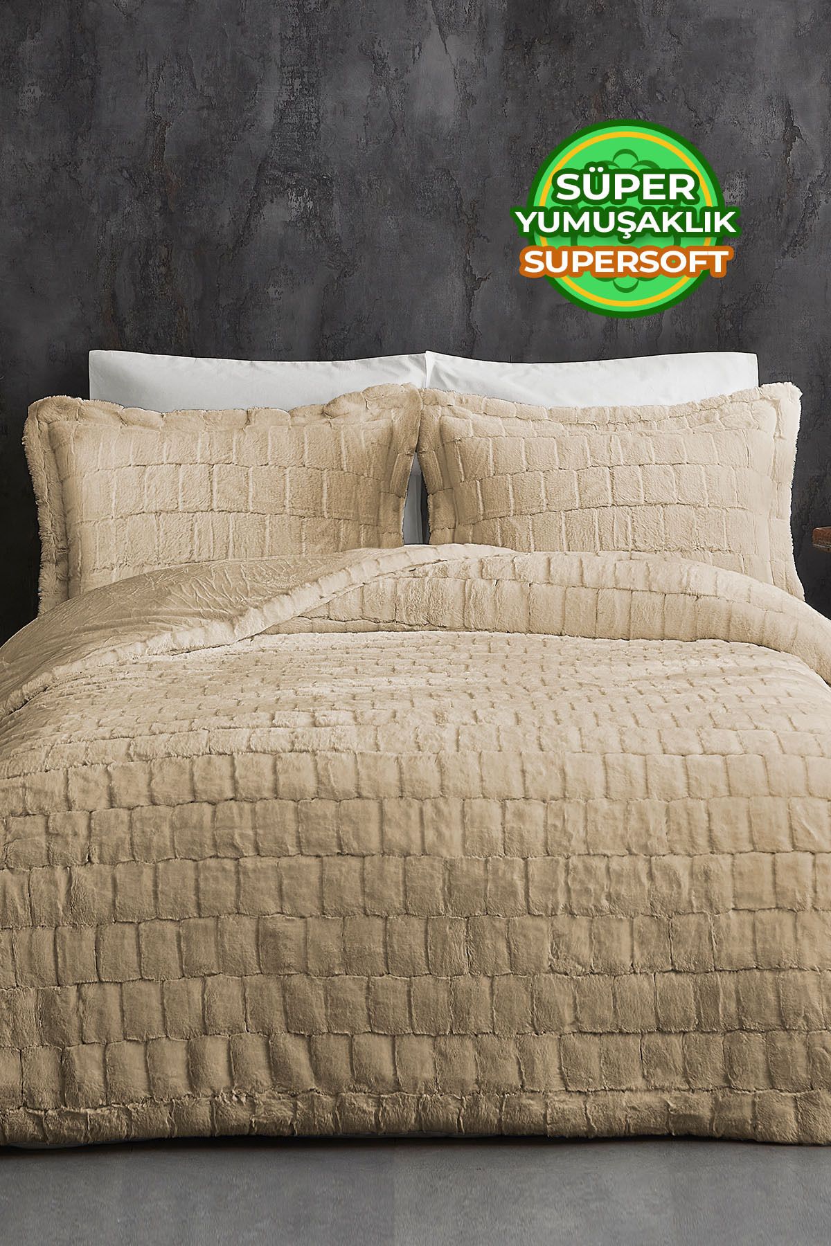 Kürk Yorgan Uyku Seti Çift Kişilik Yumuşak Dolgulu Wellsoft Peluş Benita 3 Parça - Bej