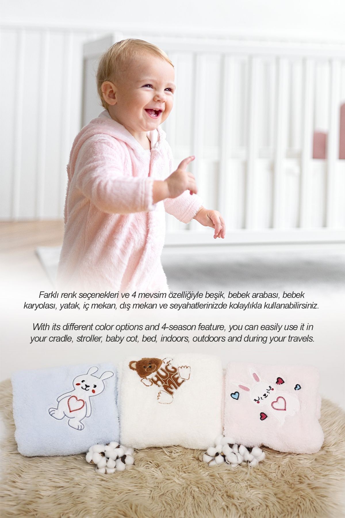 Nakışlı Bebek Battaniyesi Yumuşak Wellsoft Peluş 90x100cm Çocuk Yenidoğan
