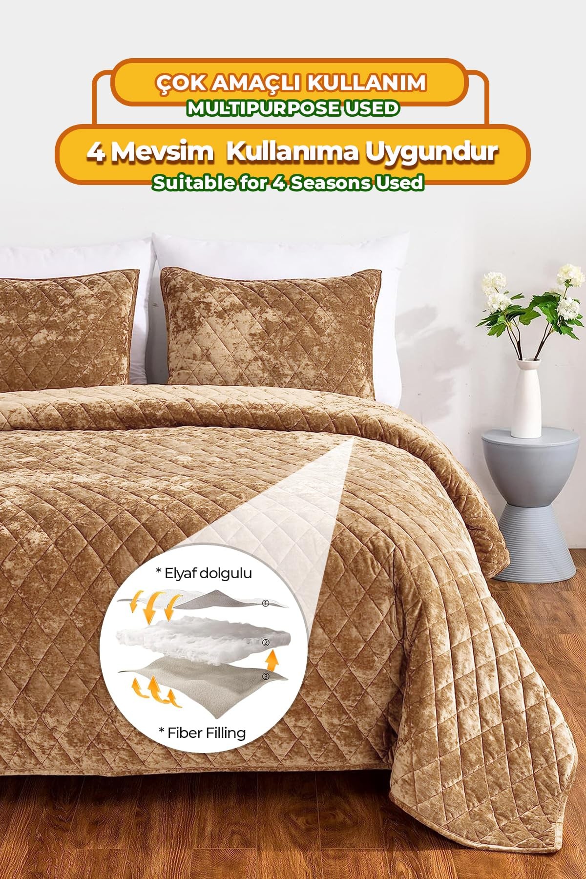 Kapitone Kadife Yatak Örtüsü Seti Tek Kişilik Supersoft 2 Parça Yumuşak Elyaf Dolgulu Çeyizlik Kahve