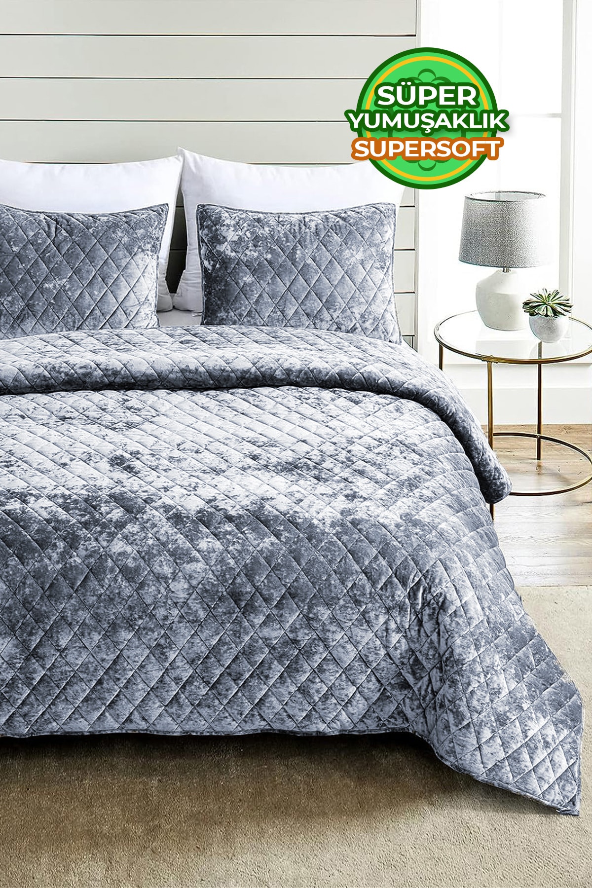 Kapitone Kadife Yatak Örtüsü Seti Çift Kişilik Supersoft 3 Parça Yumuşak Elyaf Dolgulu Çeyizlik