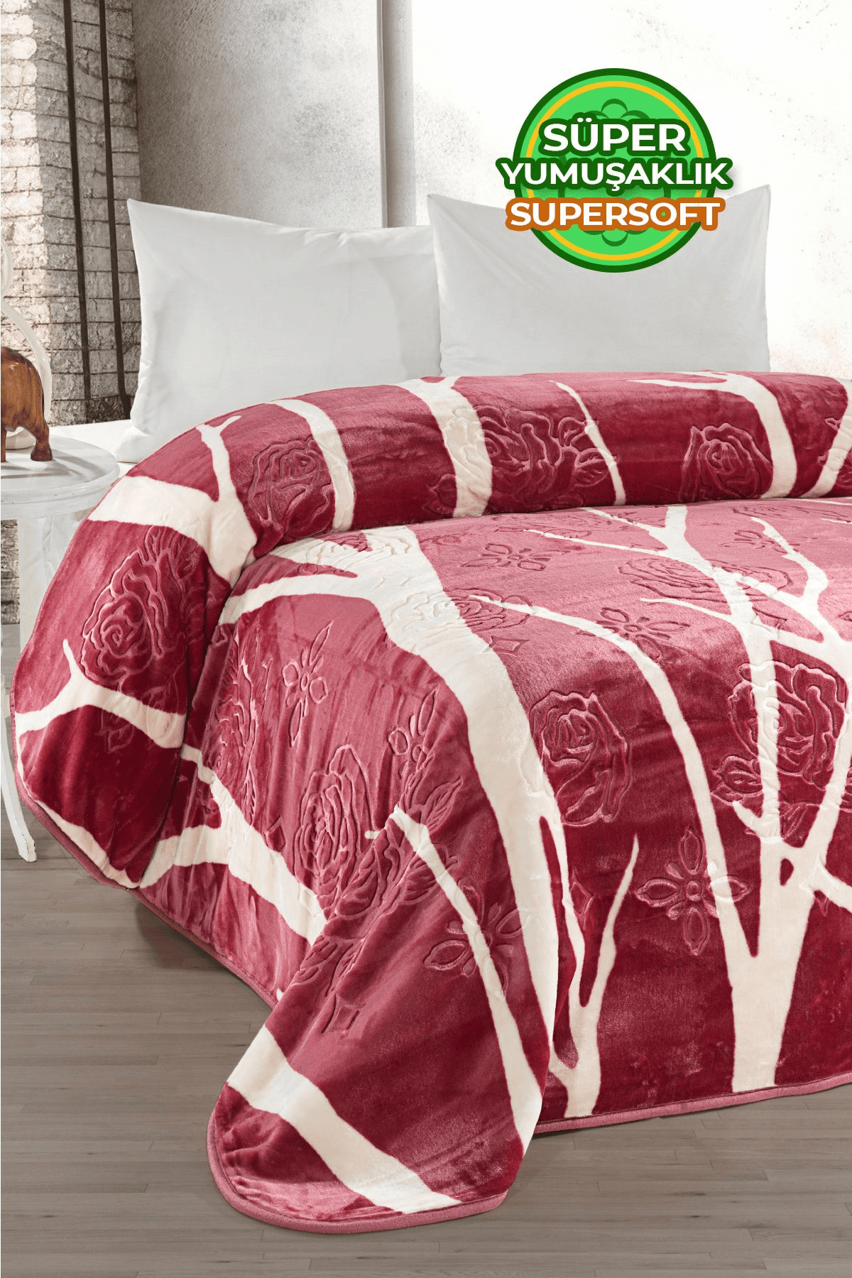 4 Kg Battaniye Supersoft Embos Kalın Yumuşak Peluş Çift Kişilik Yumoş 220x240 cm - ağaç kırmızı
