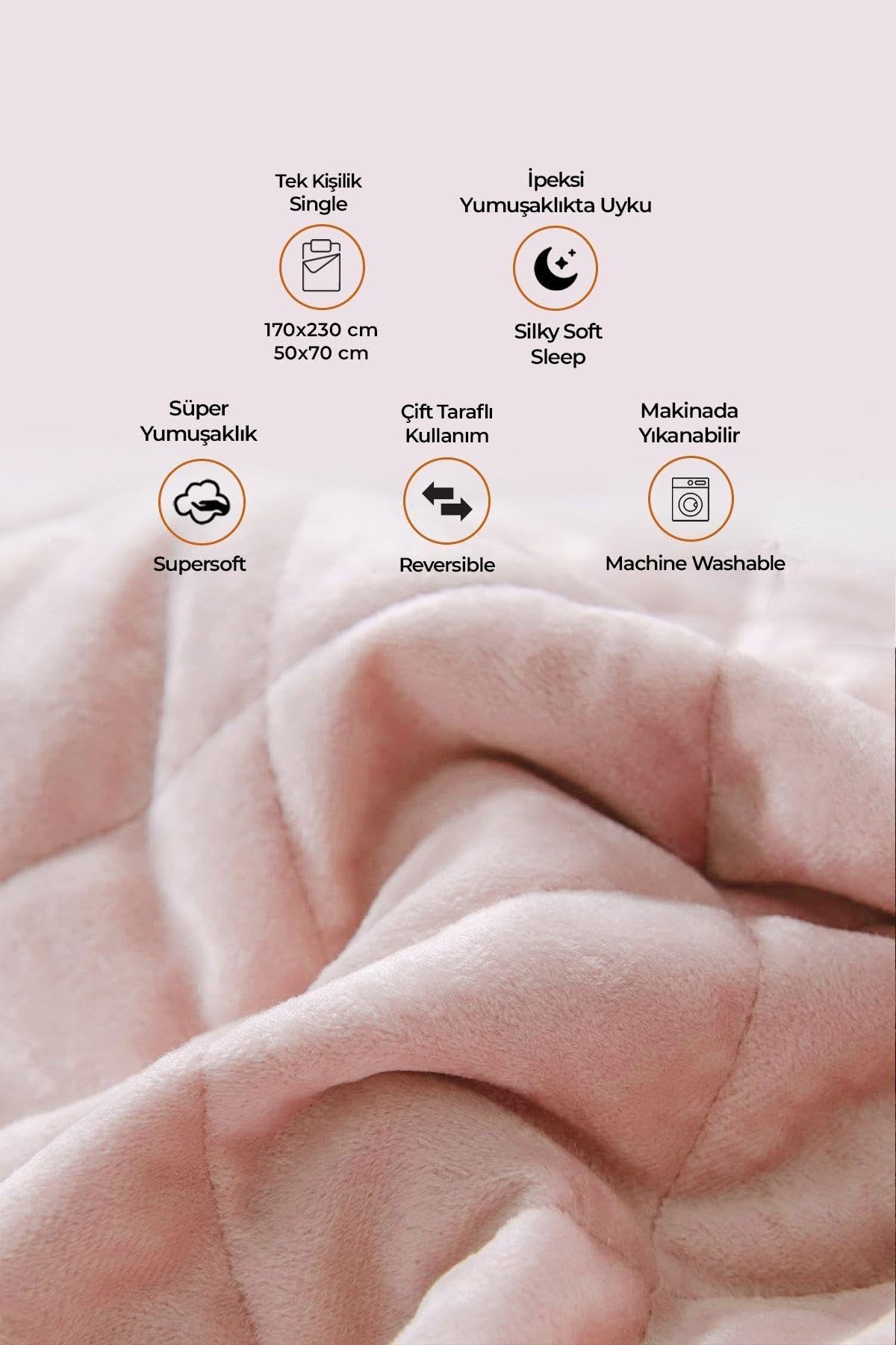 Kapitone Kadife Yatak Örtüsü Seti Tek Kişilik Supersoft 2 Parça Yumuşak Elyaf Dolgulu Çeyizlik Pudra
