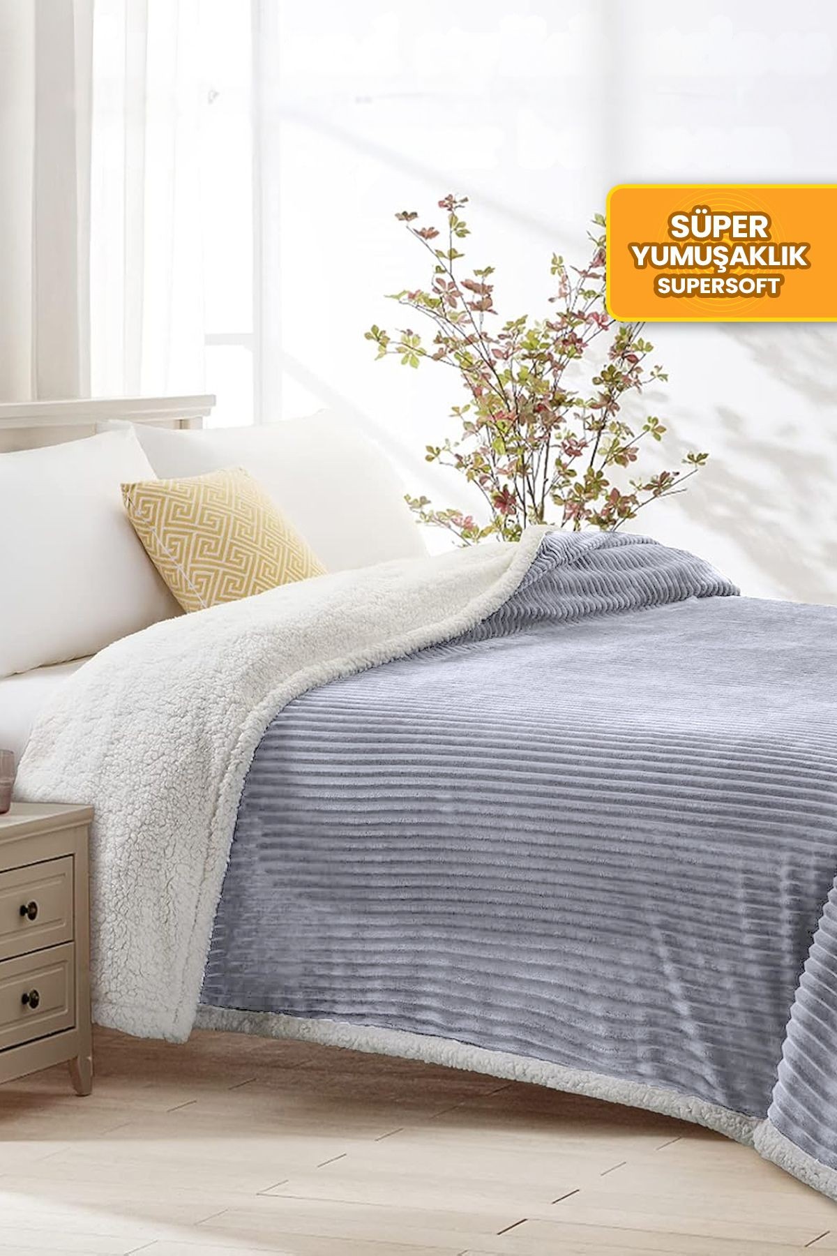 Sherpa Battaniye Çift Kişilik Çizgili Yumuşak Peluş Wellsoft Yatak Örtüsü - Gri