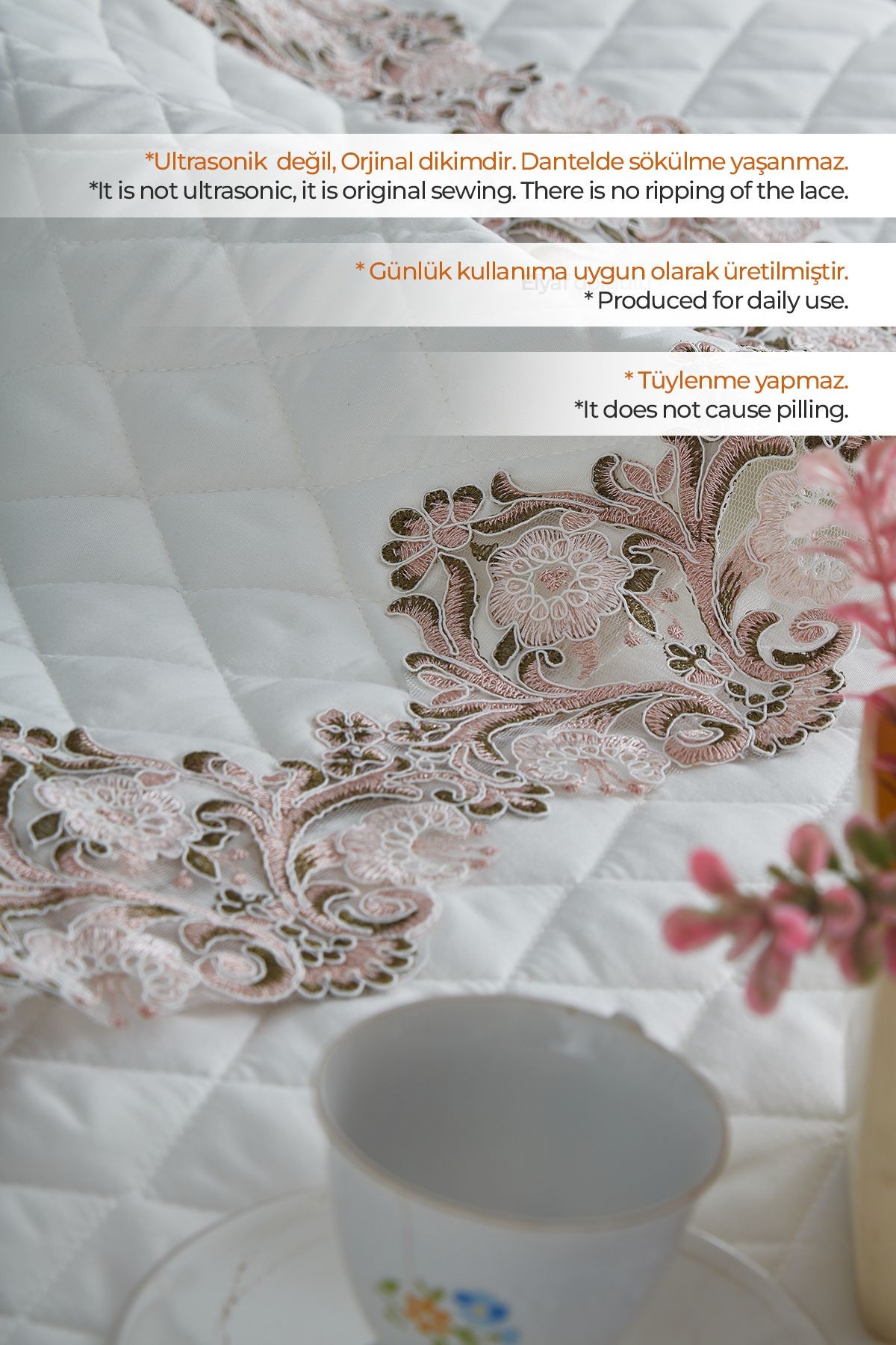 Mihrimah Dantelli Çift Kişilik %100 Pamuk Yatak Örtüsü ( Pike ) Takımı Set Yıkanabilir