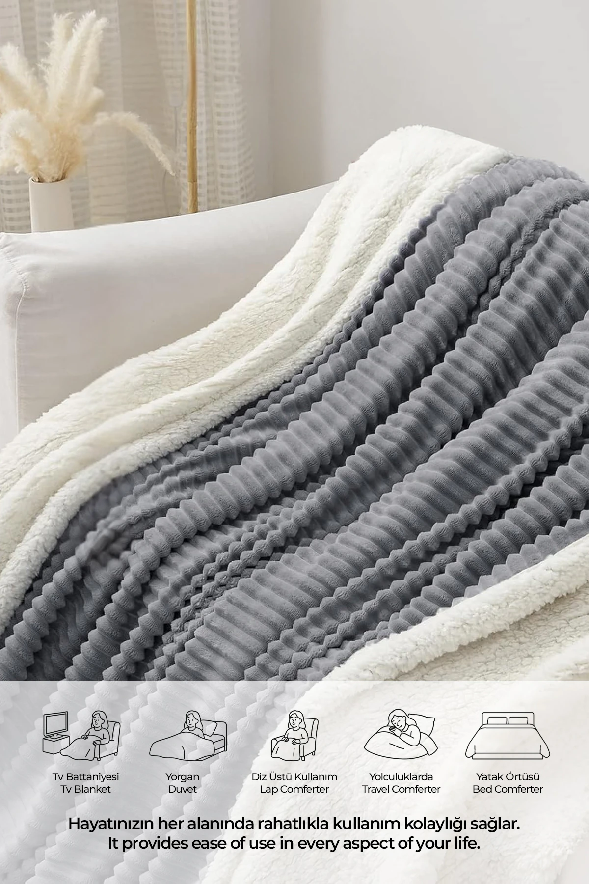 Sherpa Battaniye Seti Çift Kişilik 3 Parça Çizgili Yumuşak Peluş Wellsoft Yatak Örtüsü