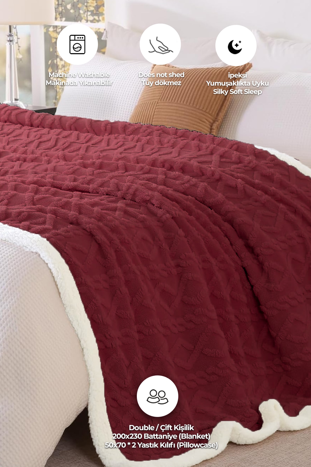 Pufly Jakar Sherpa Battaniye Seti Çift Kişilik 3 Parça Yumuşak Peluş Wellsoft Yatak Örtüsü