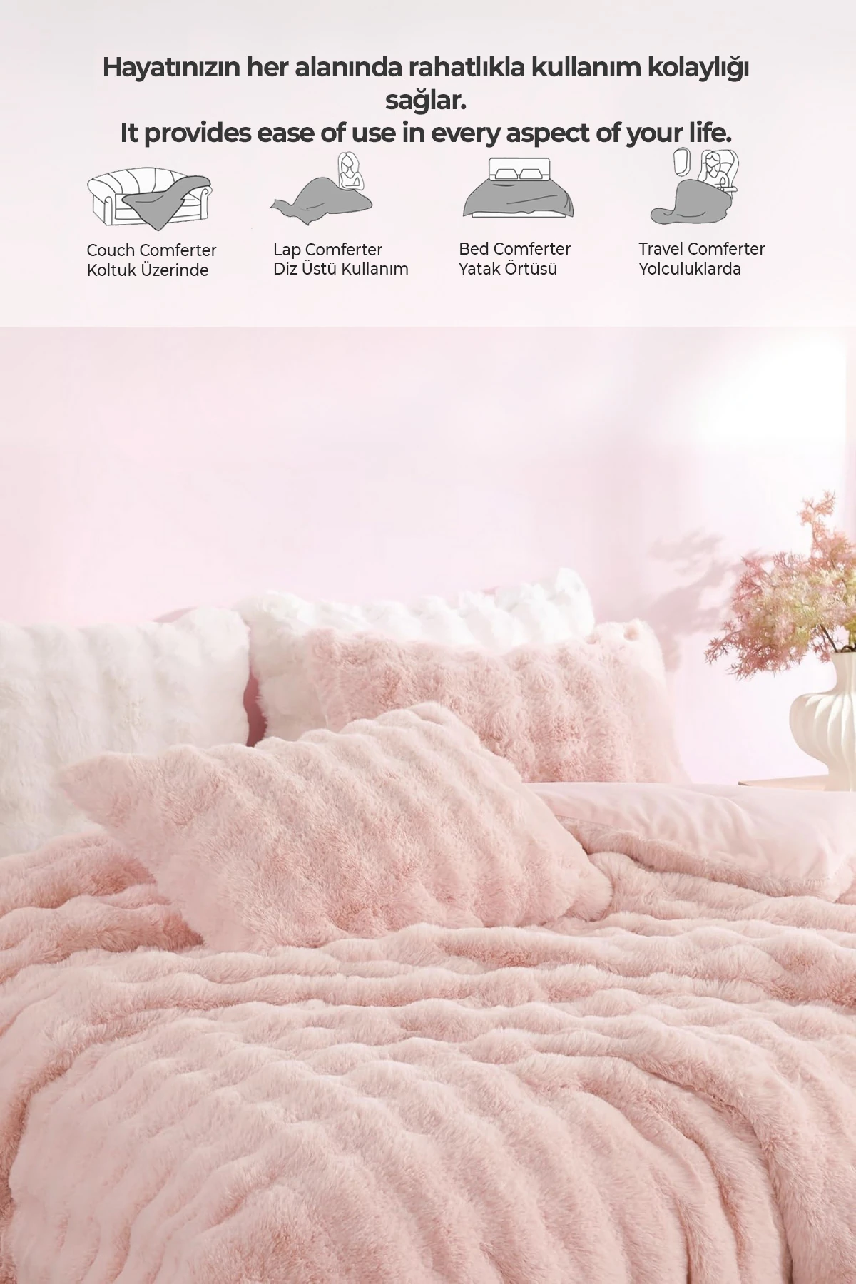 Kürk Yatak Örtüsü Çift Kişilik Dolgulu Peluş Yumuşak Çift Taraflı Yorgan 3 Parça Lory