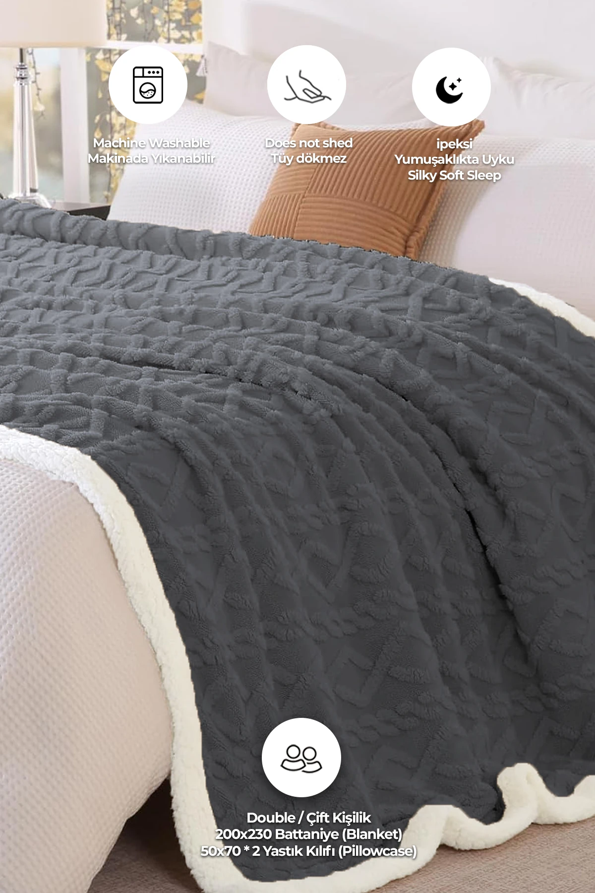 Pufly Jakar Sherpa Battaniye Seti Çift Kişilik 3 Parça Yumuşak Peluş Wellsoft Yatak Örtüsü