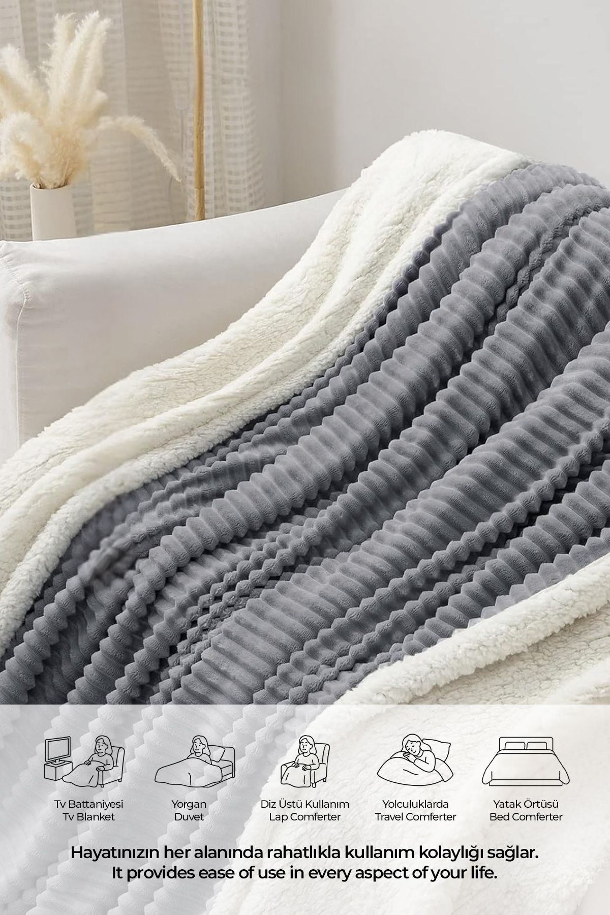 Sherpa Battaniye Çift Kişilik Çizgili Yumuşak Peluş Wellsoft Yatak Örtüsü