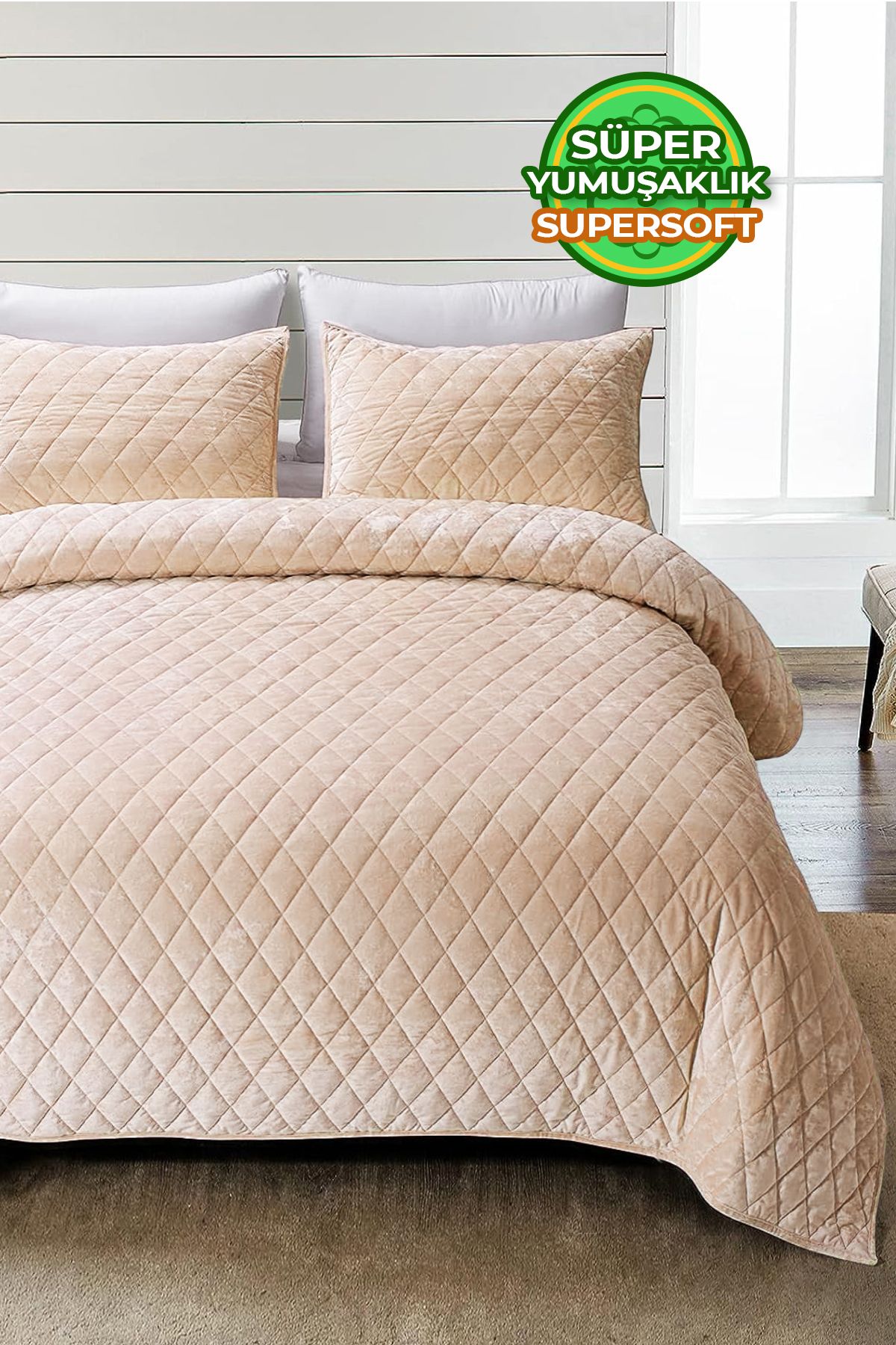 Kapitone Kadife Yatak Örtüsü Seti Çift Kişilik Supersoft 3 Parça Yumuşak Elyaf Dolgulu Çeyizlik