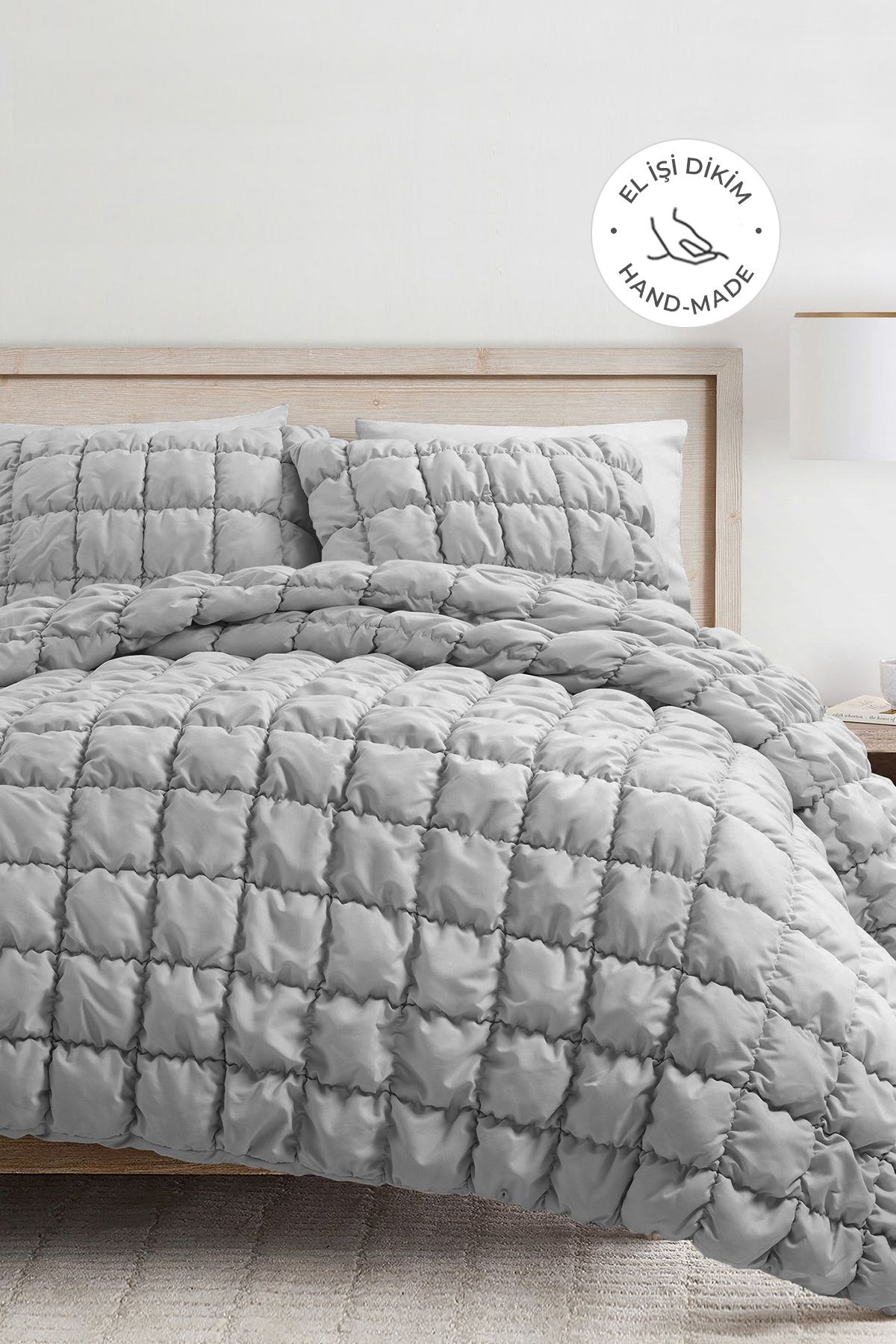 Puff Yatak Örtüsü Seti Çift Kişilik El İşi Pamuklu Yorgan 3 Parça Uyku Takımı 240x250 cm - Açık gri