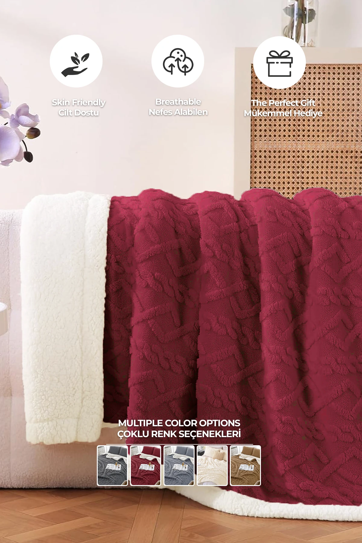 Pufly Jakar Sherpa Battaniye Seti Çift Kişilik 3 Parça Yumuşak Peluş Wellsoft Yatak Örtüsü