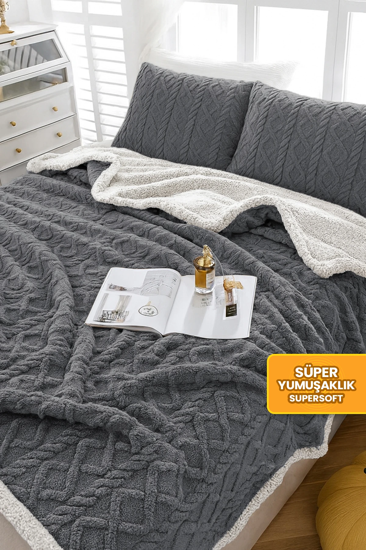 Pufly Jakar Sherpa Battaniye Seti Çift Kişilik 3 Parça Yumuşak Peluş Wellsoft Yatak Örtüsü