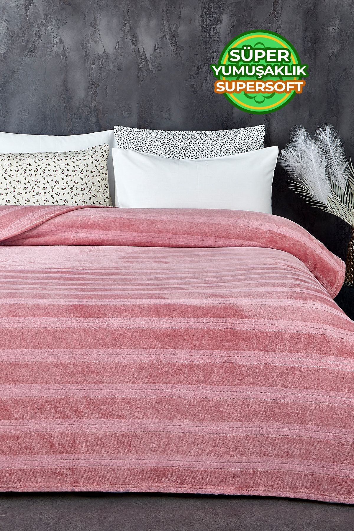 Supersoft Yumuşak Çift Kişilik Battaniye Yatak Örtüsü Mayer 180x230 Cm - Pudra