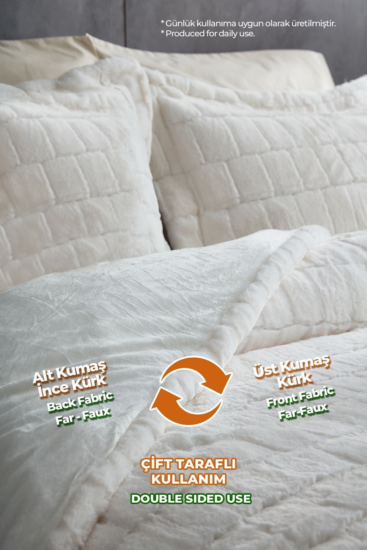 Kürk Yorgan Uyku Seti Çift Kişilik Yumuşak Dolgulu Wellsoft Peluş Benita 3 Parça