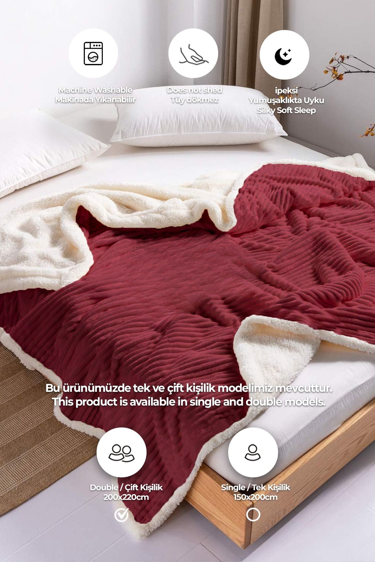 Sherpa Battaniye Çift Kişilik Çizgili Yumuşak Peluş Wellsoft Yatak Örtüsü