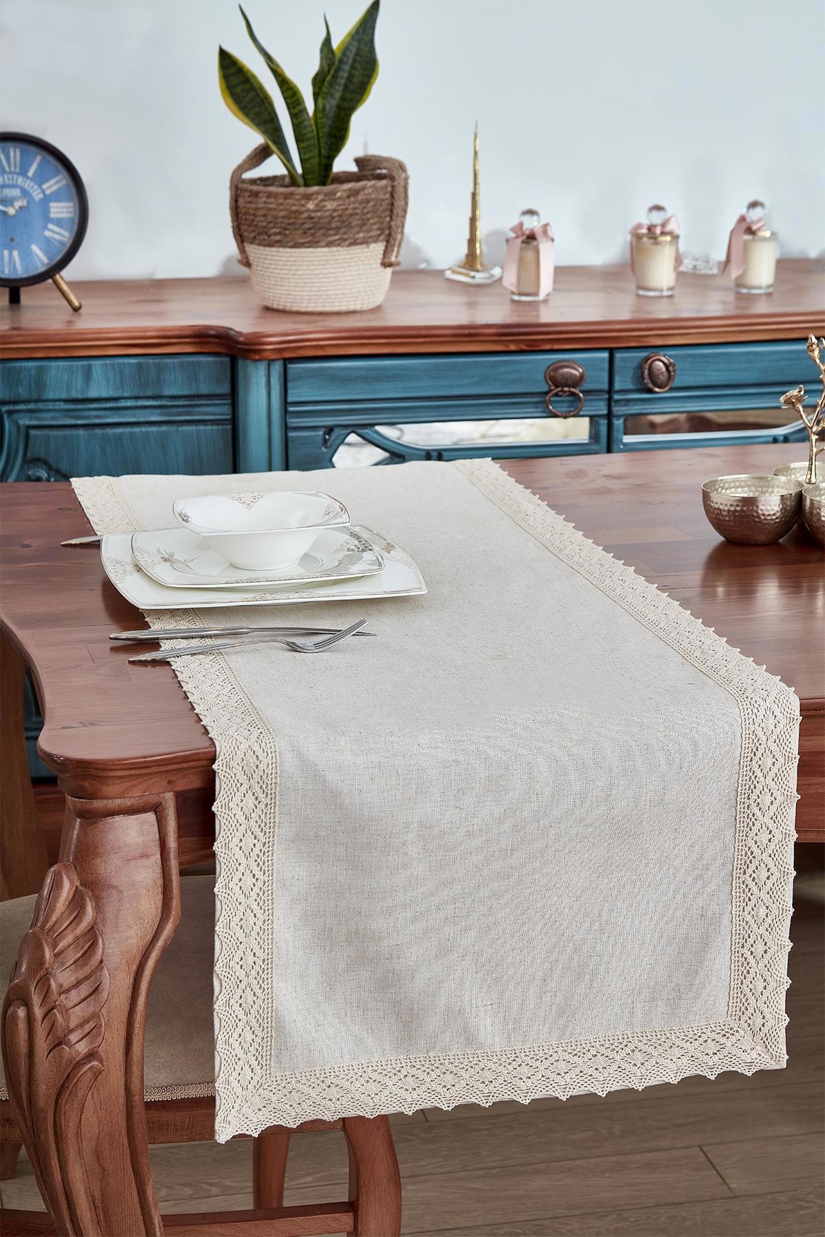 %100 Keten Pamuk Dantelli Runner 50x130 cm Linen Kumaş Masa Örtüsü Sehpa Leke Tutmaz Mutfak Bej
