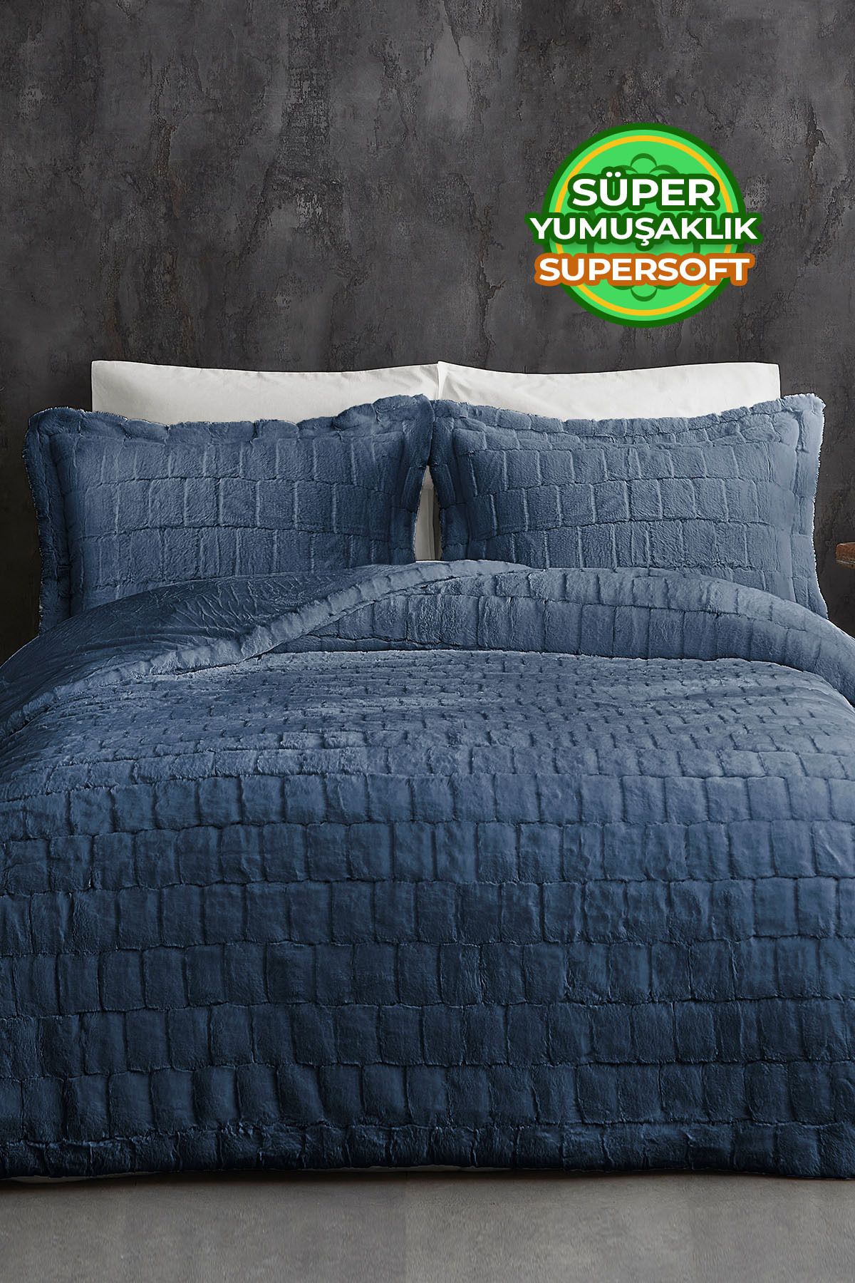 Kürk Yorgan Uyku Seti Çift Kişilik Yumuşak Dolgulu Wellsoft Peluş Benita 3 Parça - Lacivert