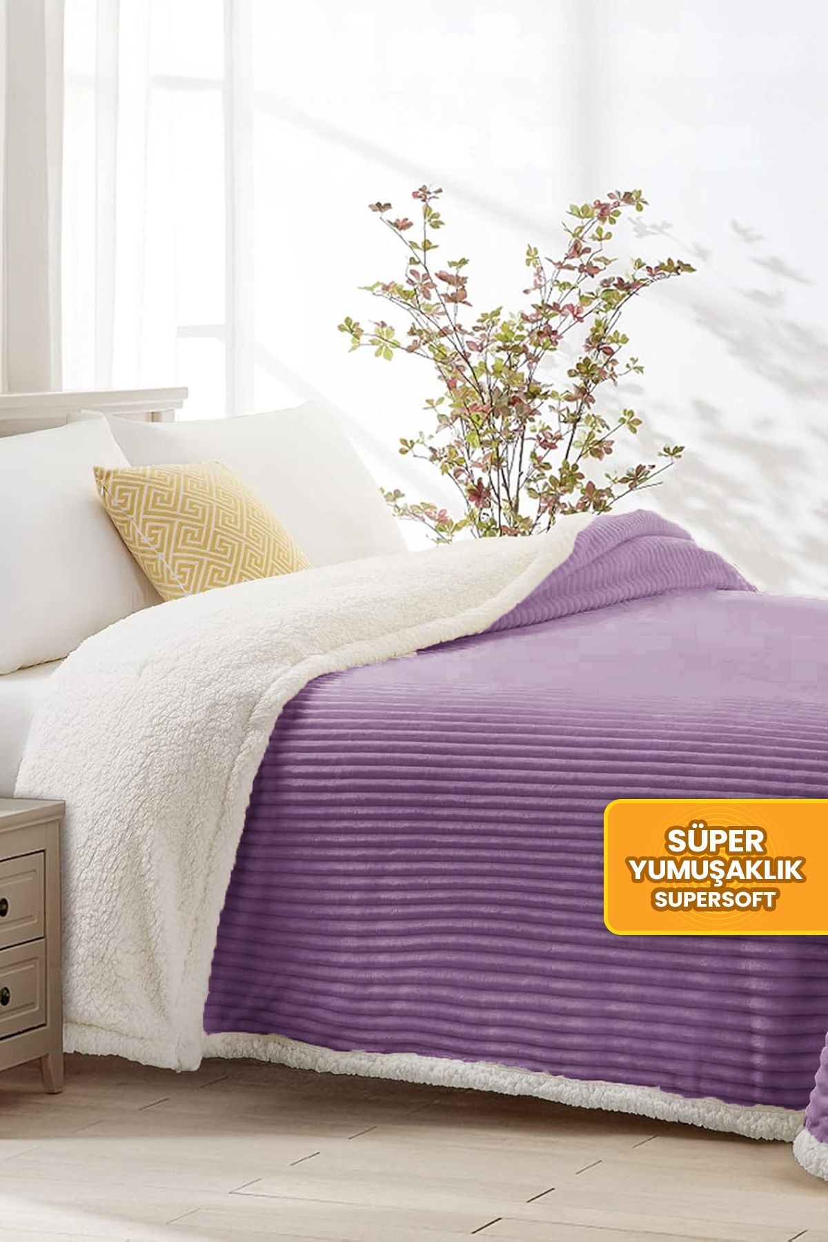 Sherpa Tv Battaniye Tek Kişilik Çizgili Yumuşak Peluş Wellsoft Yatak Örtüsü - Lila