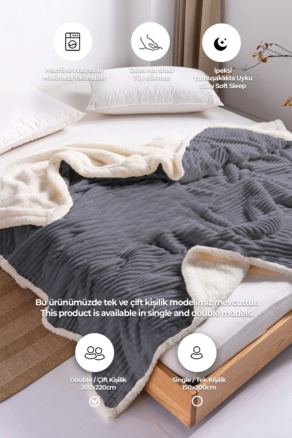 Sherpa Battaniye Çift Kişilik Çizgili Yumuşak Peluş Wellsoft Yatak Örtüsü