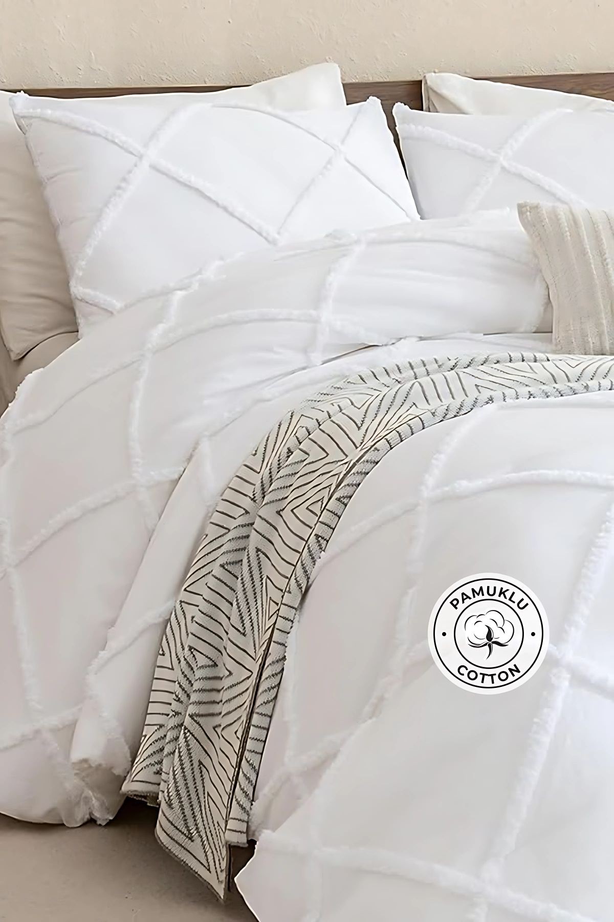 Pamuklu Yatak Örtüsü Seti Günlük Çift Kişilik Emmy Aimar Boho 3 Parça Dolgulu Tufting