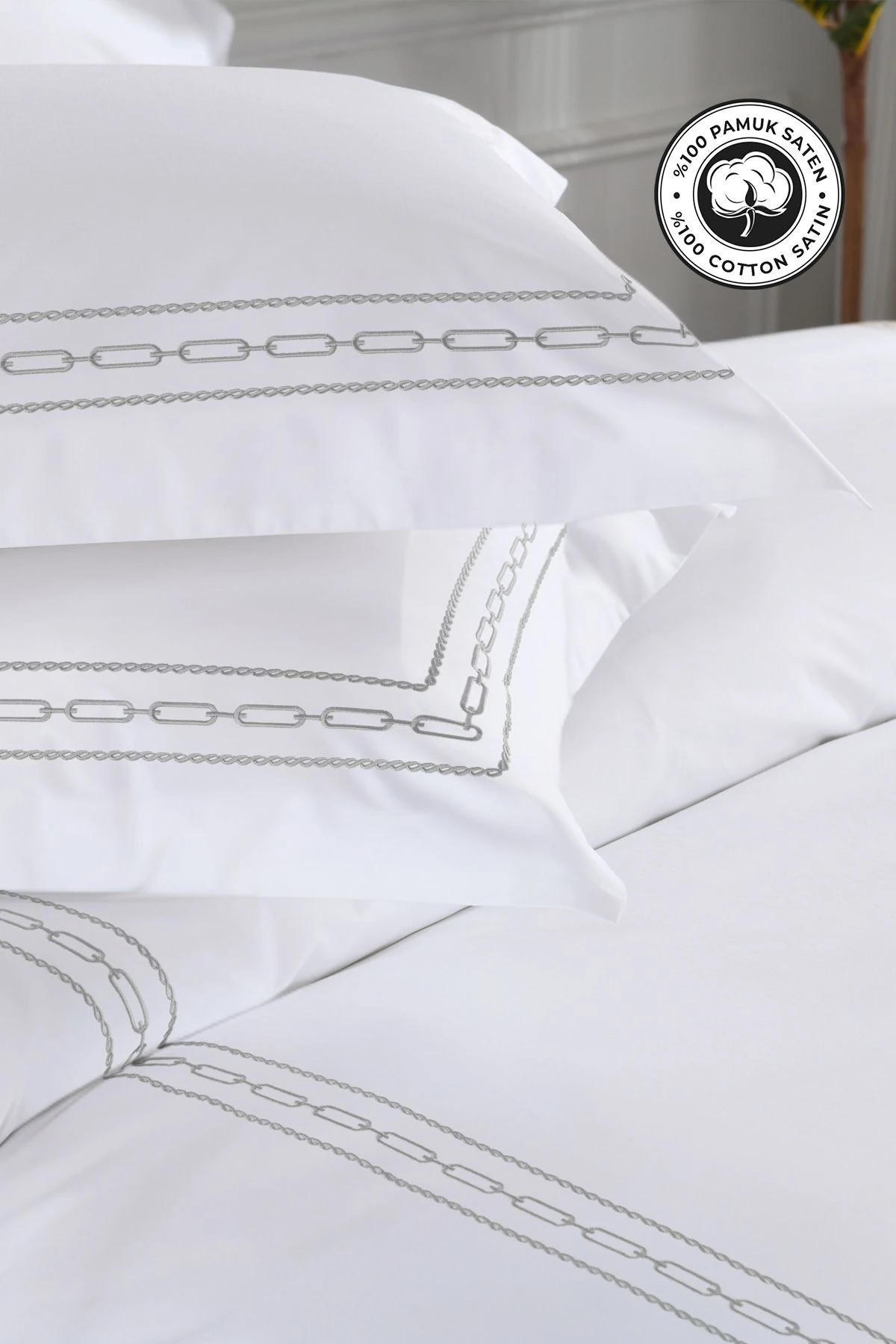 300 Tc King Pamuk Saten Nakışlı Nevresim Takımı Battal Çift Kişilik 6 Parça - Krem/gri