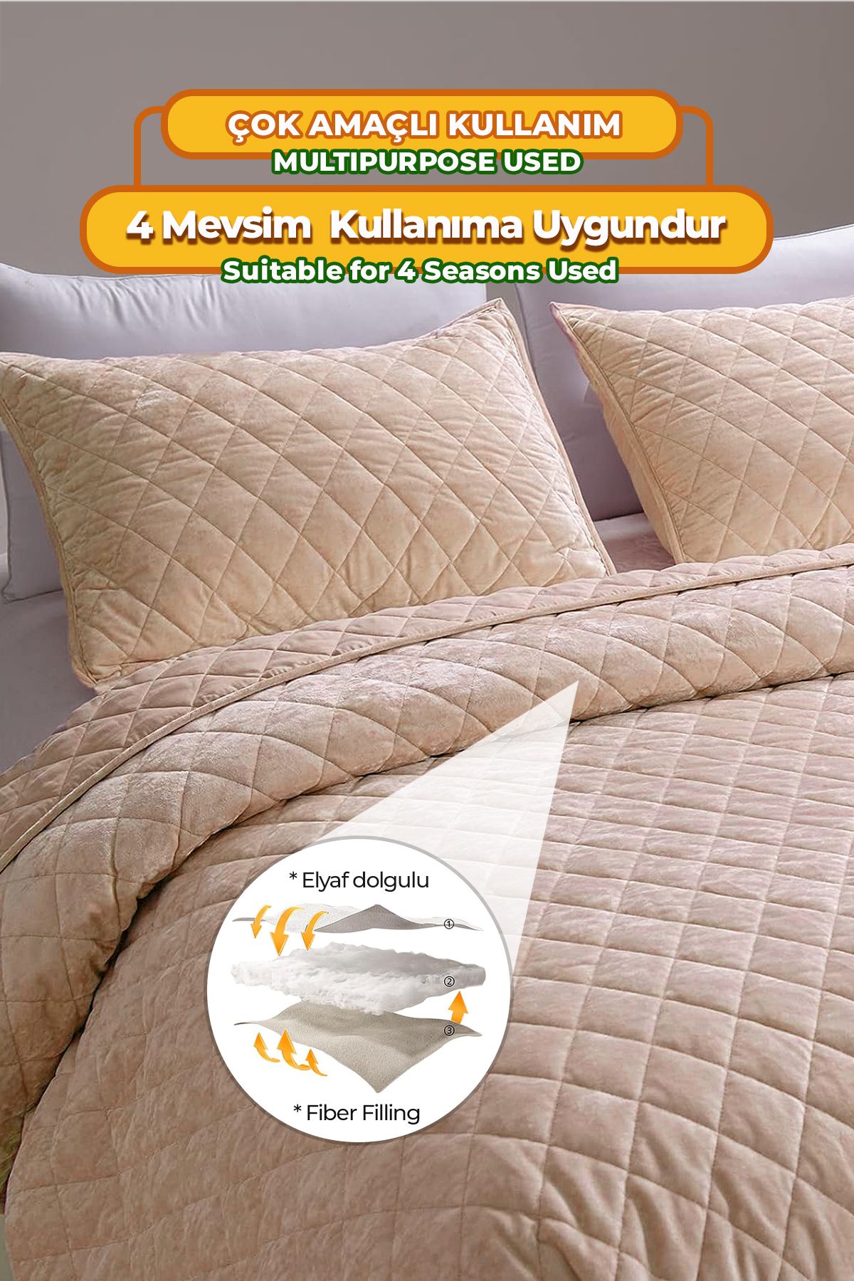 Kapitone Kadife Yatak Örtüsü Seti Çift Kişilik Supersoft 3 Parça Yumuşak Elyaf Dolgulu Çeyizlik