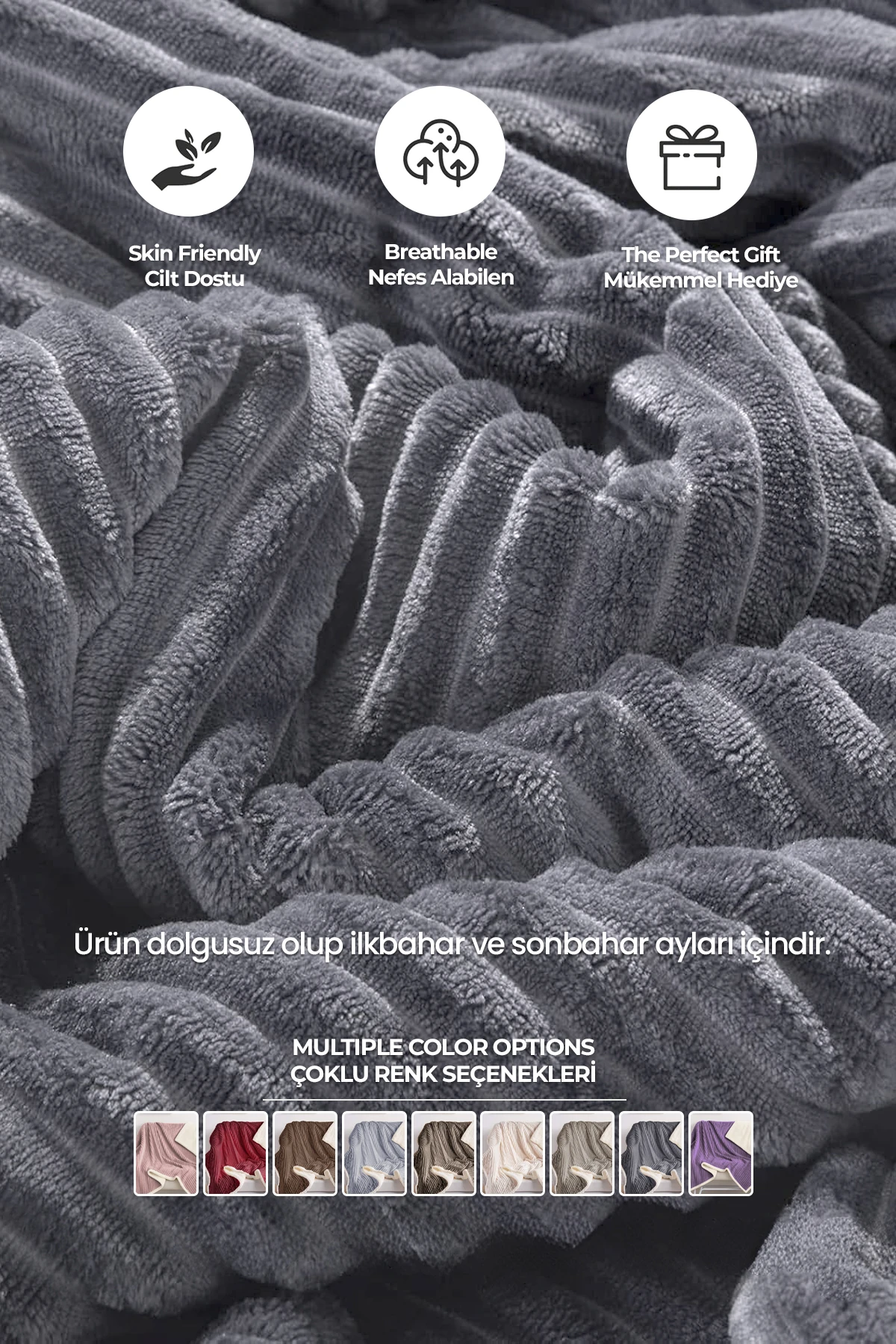 Sherpa Battaniye Seti Çift Kişilik 3 Parça Çizgili Yumuşak Peluş Wellsoft Yatak Örtüsü