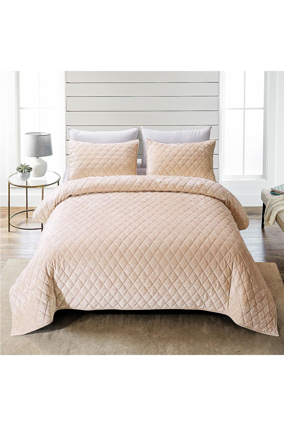 Kapitone Kadife Yatak Örtüsü Seti Çift Kişilik Supersoft 3 Parça Yumuşak Elyaf Dolgulu Çeyizlik