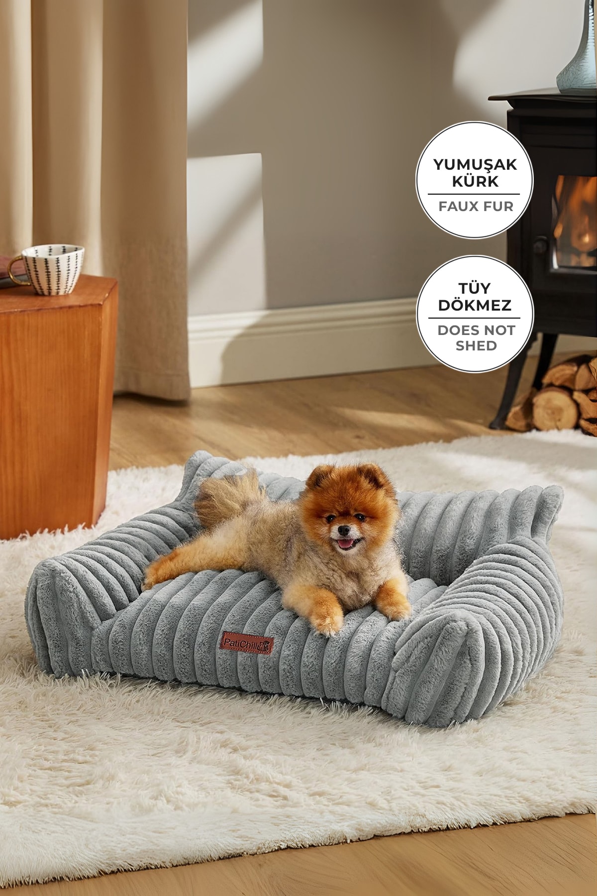 Kürk Peluş Kedi Köpek Yatağı Luna Yıkanabilir - Gri
