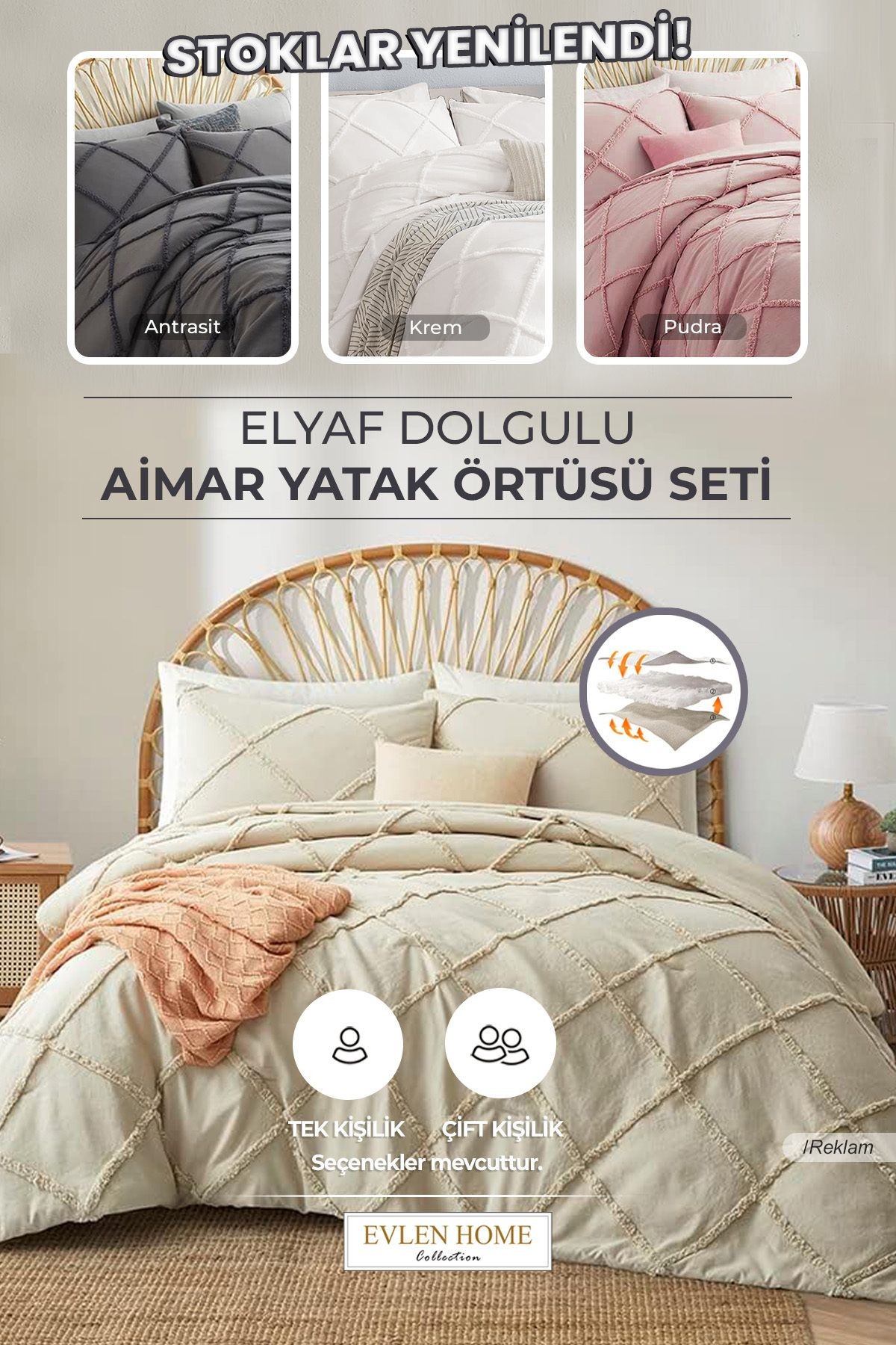Pamuklu Emmy Yatak Örtüsü Seti Tek Kişilik Günlük Boho Çift Taraflı 2 Parça Aimar Dolgulu Tufting