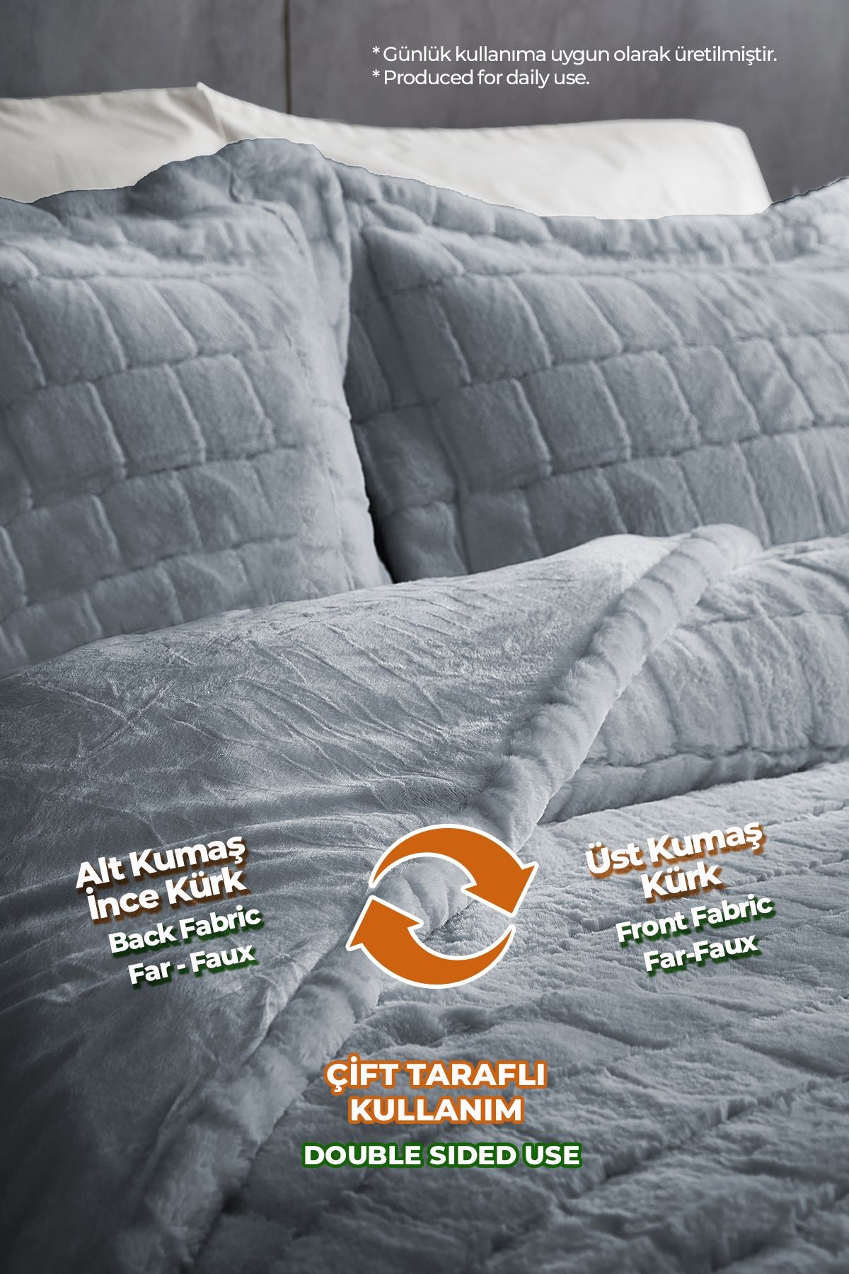 Kürk Yorgan Uyku Seti Çift Kişilik Yumuşak Dolgulu Wellsoft Peluş Benita 3 Parça