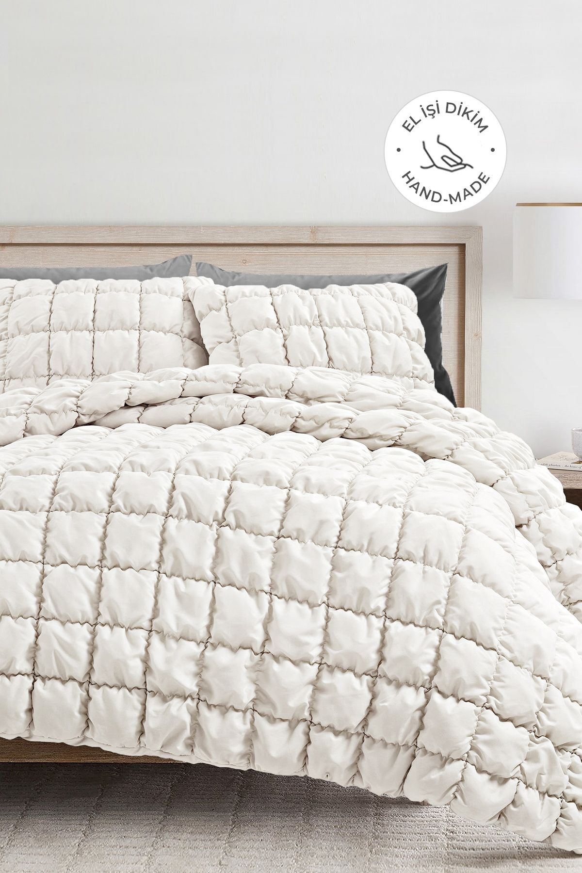 Puff Yatak Örtüsü Seti Çift Kişilik El İşi Pamuklu Yorgan 3 Parça Uyku Takımı 240x250 cm - Beyaz