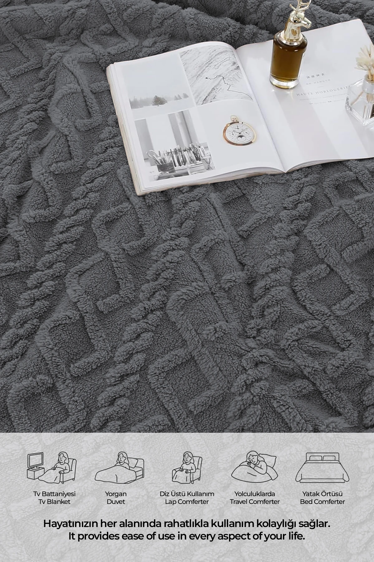 Pufly Jakar Sherpa Battaniye Seti Çift Kişilik 3 Parça Yumuşak Peluş Wellsoft Yatak Örtüsü