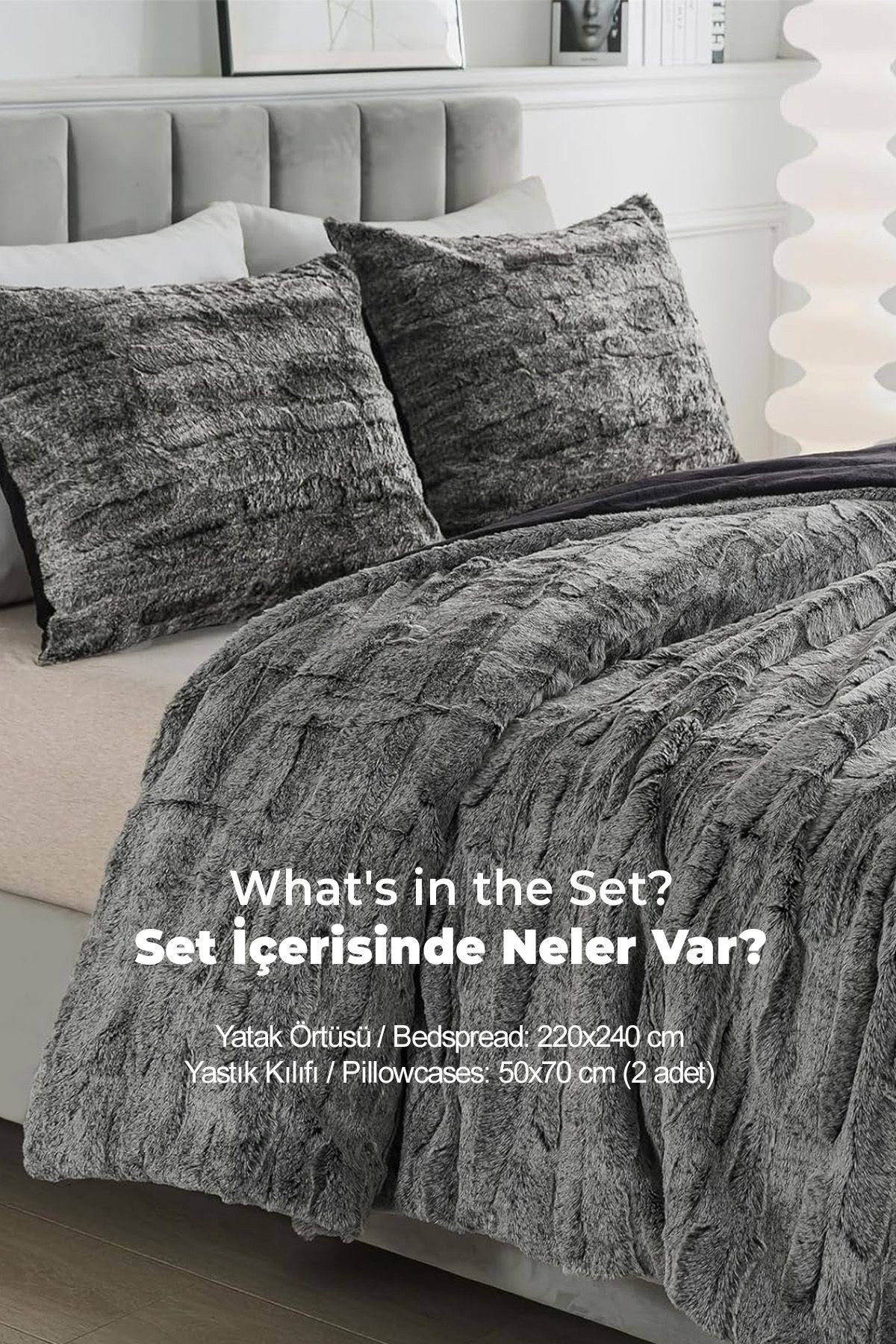 Talya Kürk Yorgan Çift Kişilik 3 Parça Set Peluş Yumuşak Dolgulu Kışlık Yatak Örtüsü Antrasit