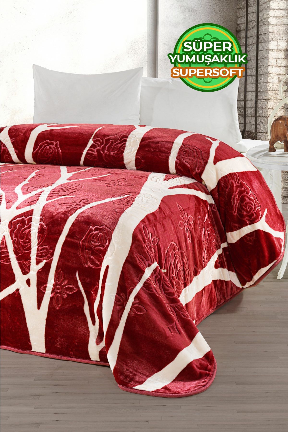 Kalın Yumuşak Peluş 4 Kg Battaniye Supersoft Embos Çift Kişilik Yumoş Kabartma 220x240 cm - Bordo