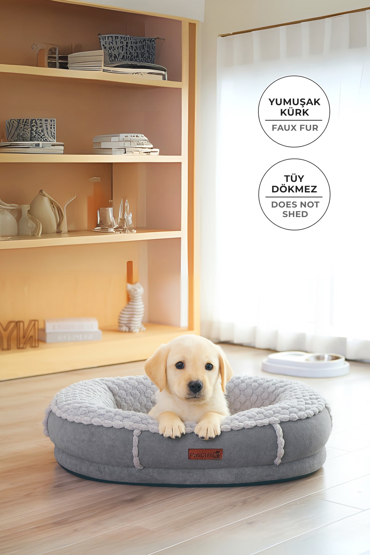 Kürk Peluş Kedi Köpek Yatağı Simba Yıkanabilir - Gri