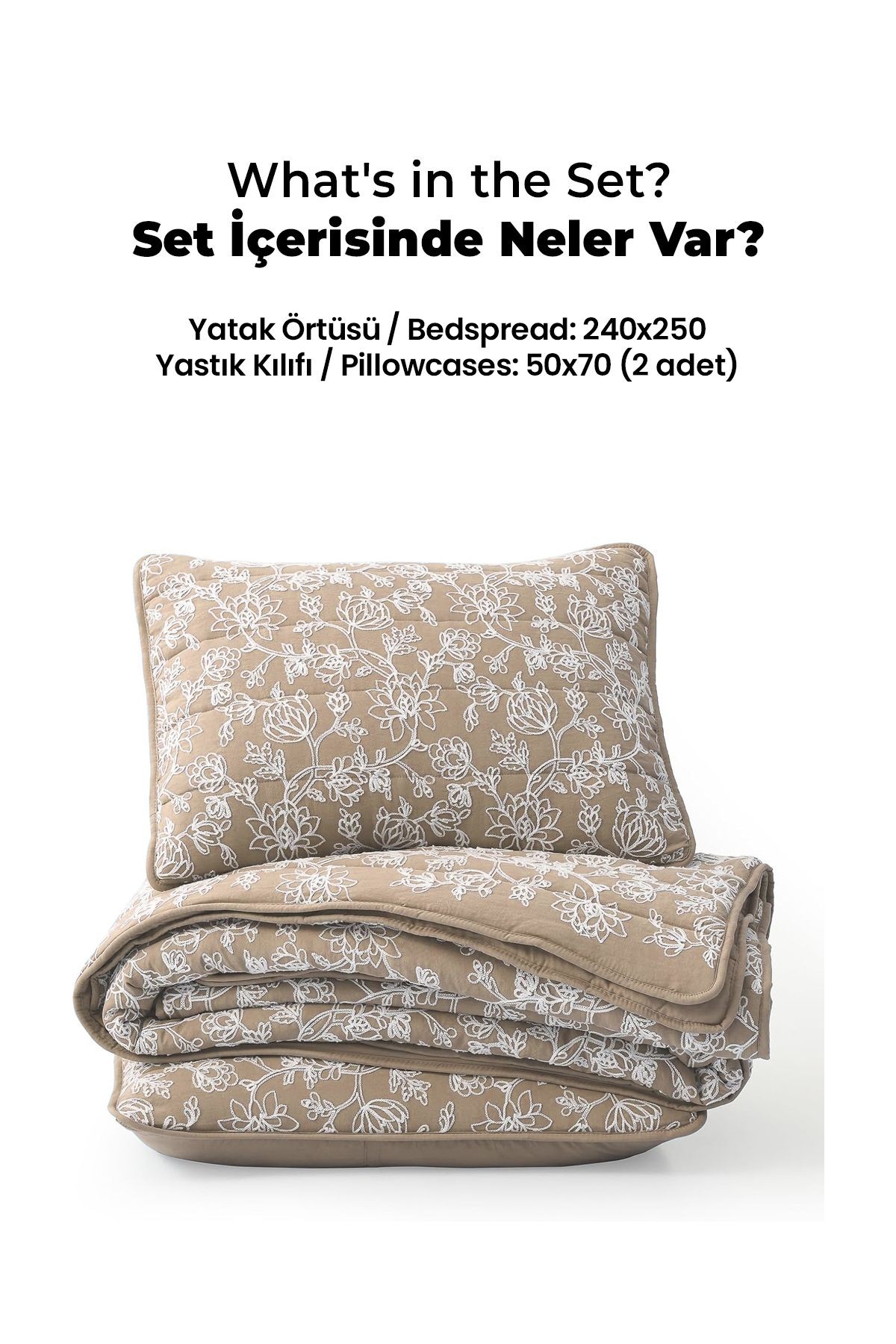 Perla Nakışlı Yatak Örtüsü Seti Çift Kişilik Pamuklu Elyaf Dolgulu Yumuşak 3 Parça Günlük Bej