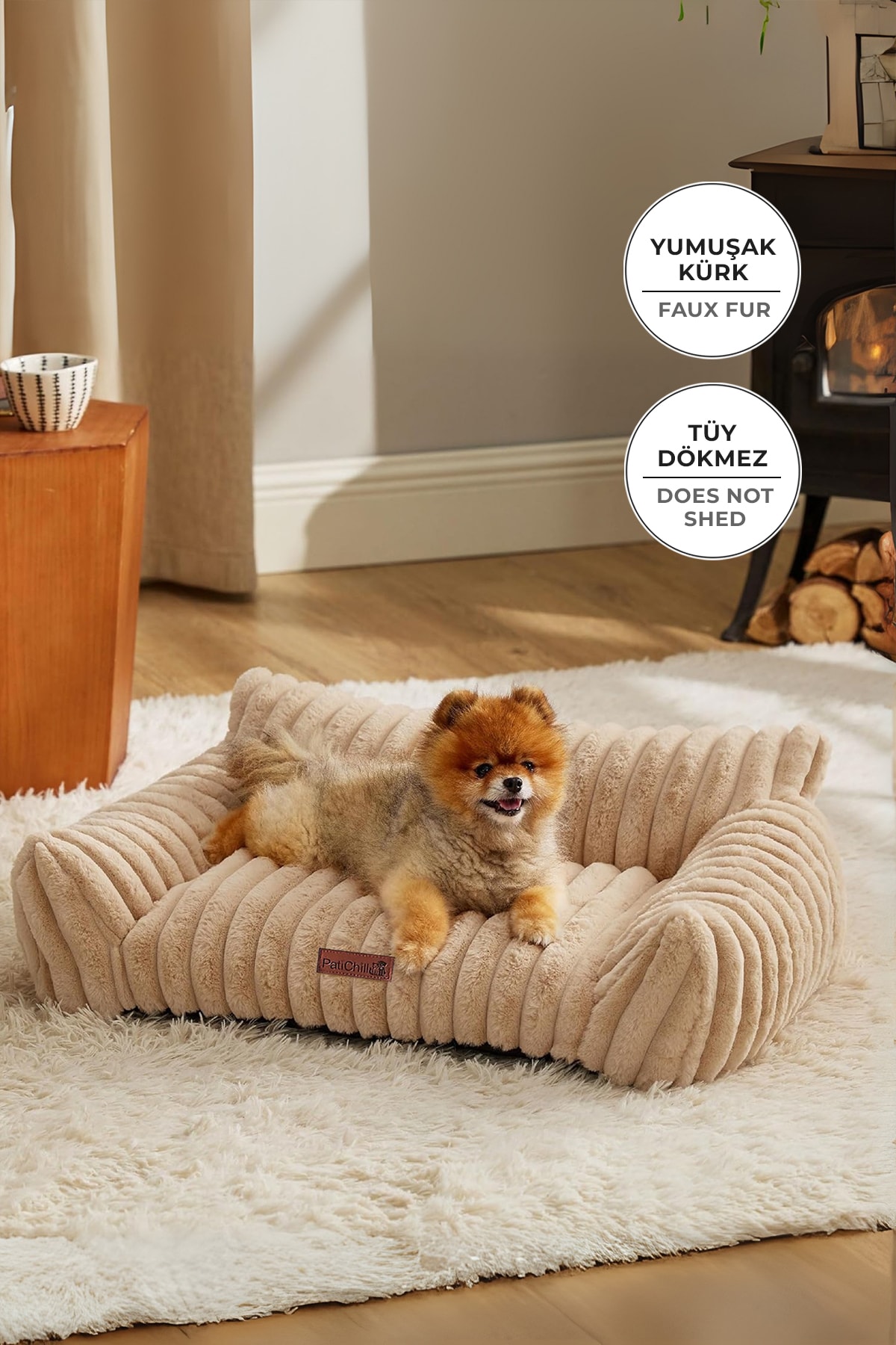 Kürk Peluş Kedi Köpek Yatağı Luna Yıkanabilir - Bej